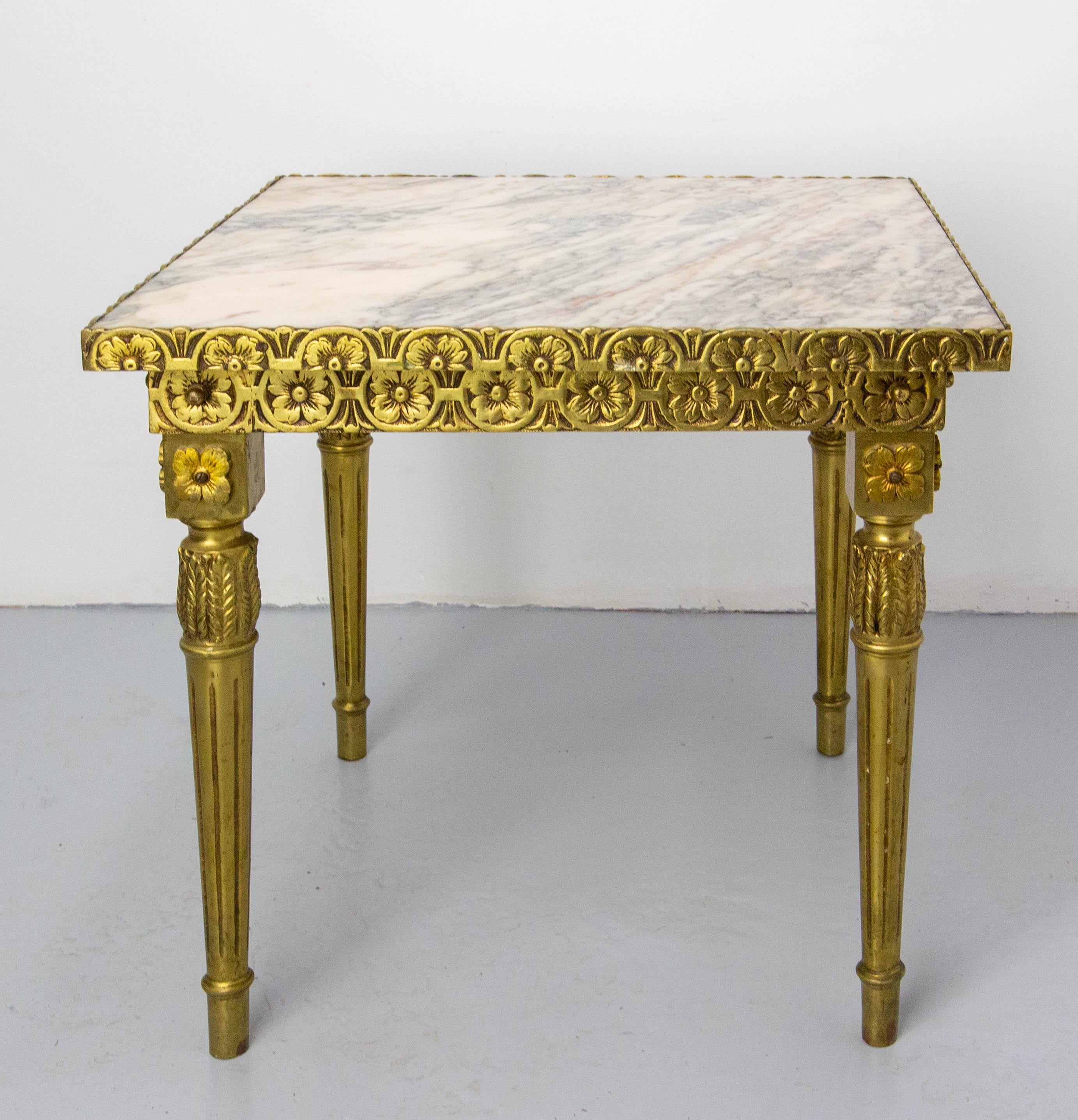 Louis XVI Style Square Side Low Table Brass Marble French, circa 1960 For Sale 2