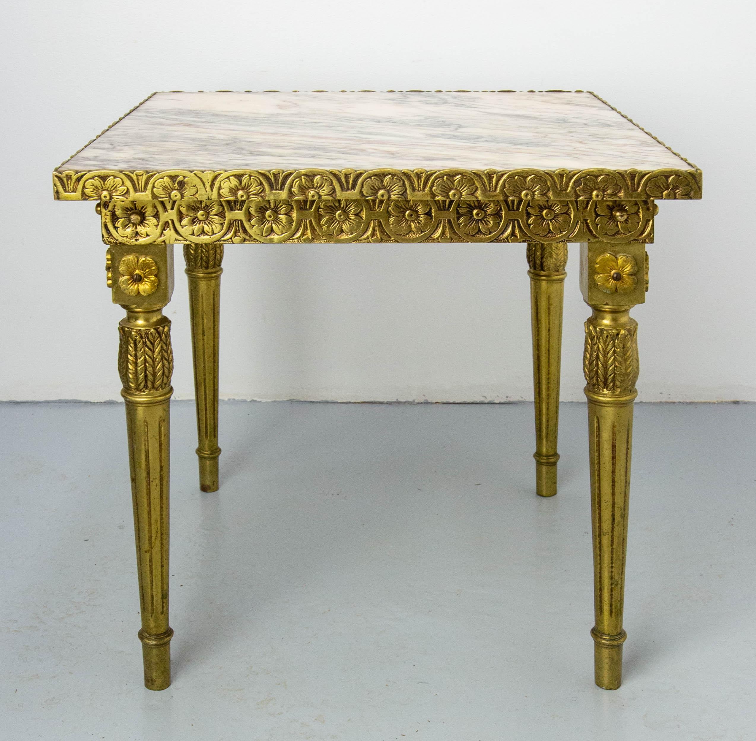 Louis XVI Style Square Side Low Table Brass Marble French, circa 1960 For Sale 3