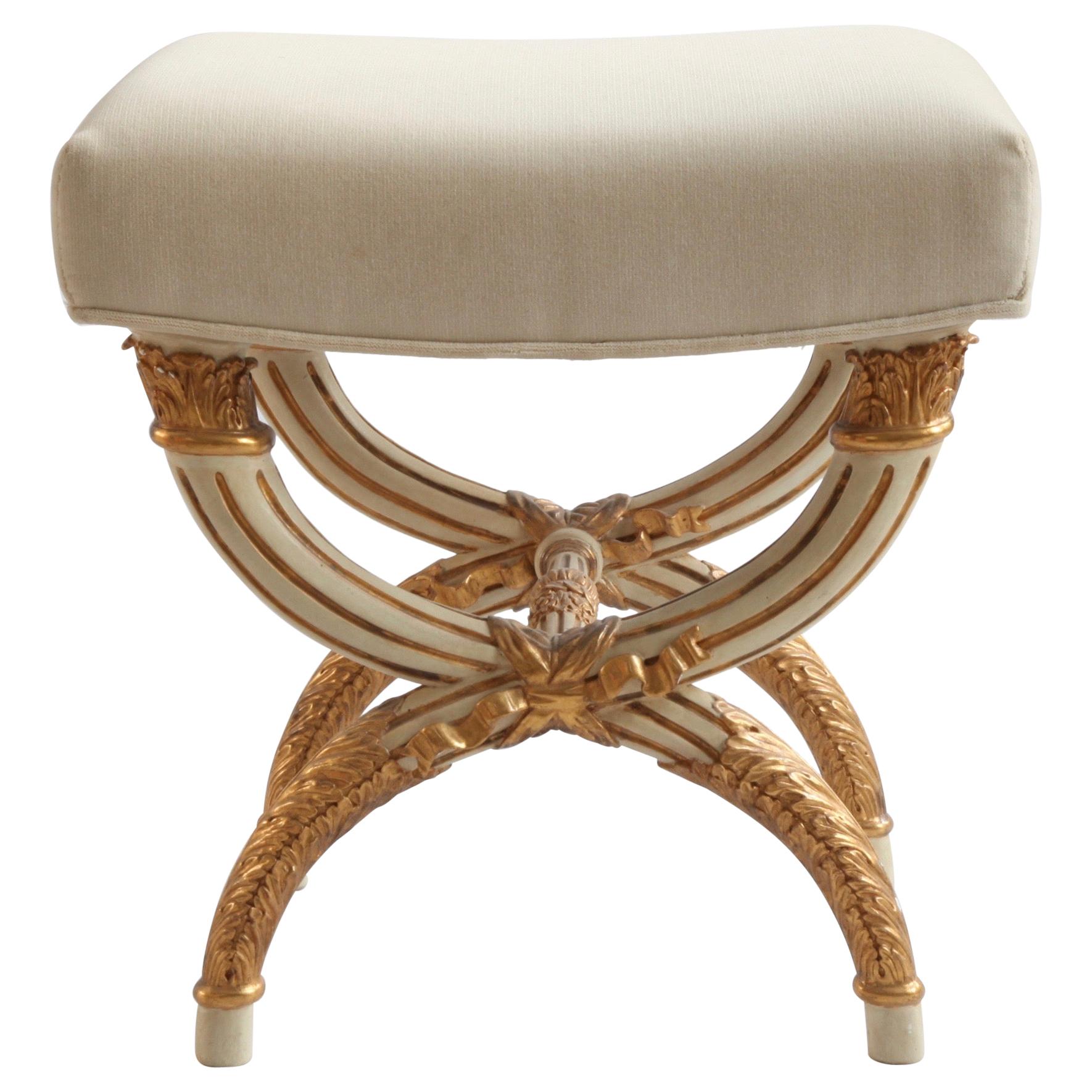 Louis XVI Style Stool in X-Shaped, Painted in Warm Grey with Gold Highlights