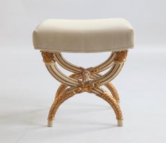 Louis XVI Style Stool in X-Shaped, Painted in Warm Grey with Gold Highlights