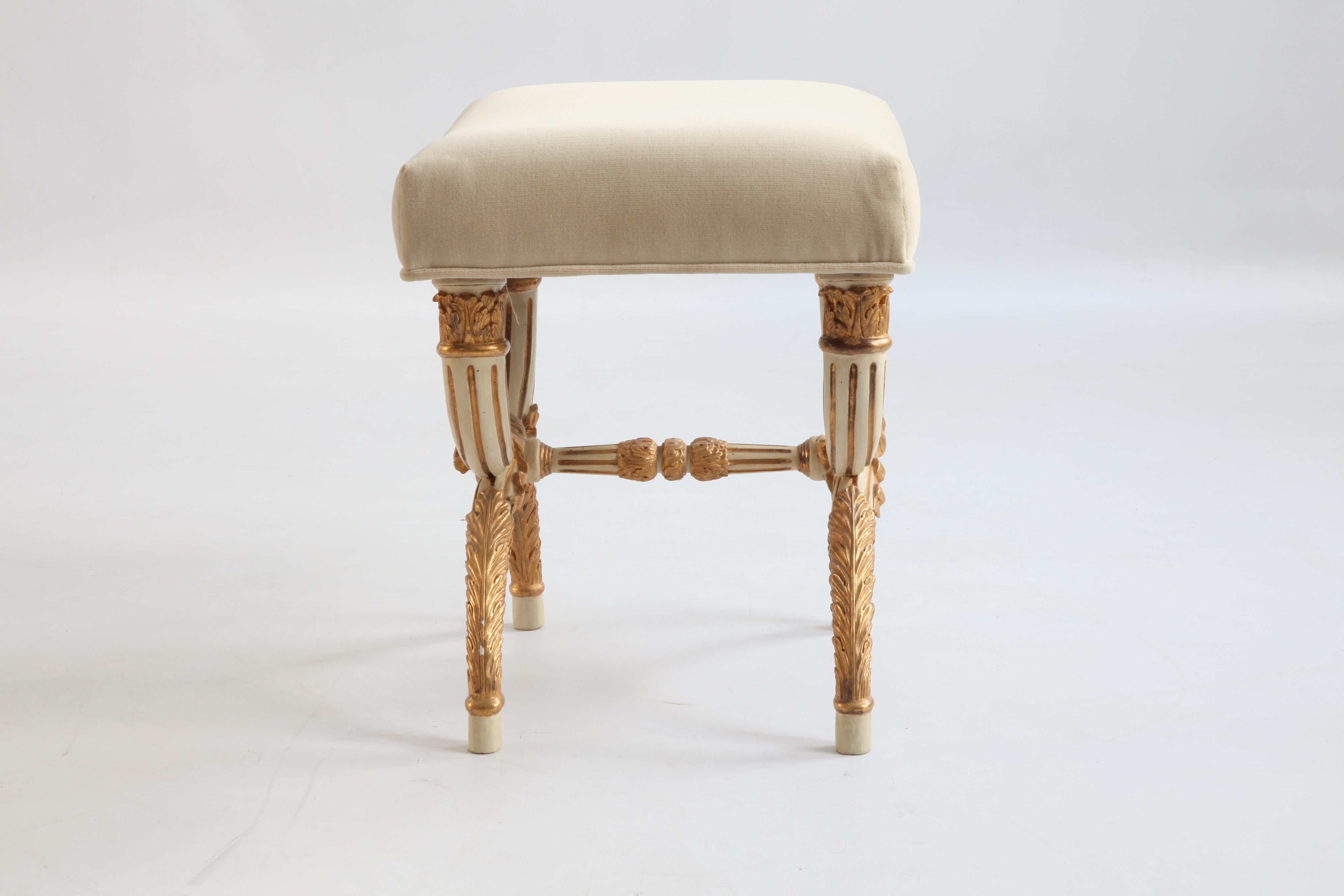 British Louis XVI Style Stool in X-Shaped, Painted in Warm Grey with Gold Highlights