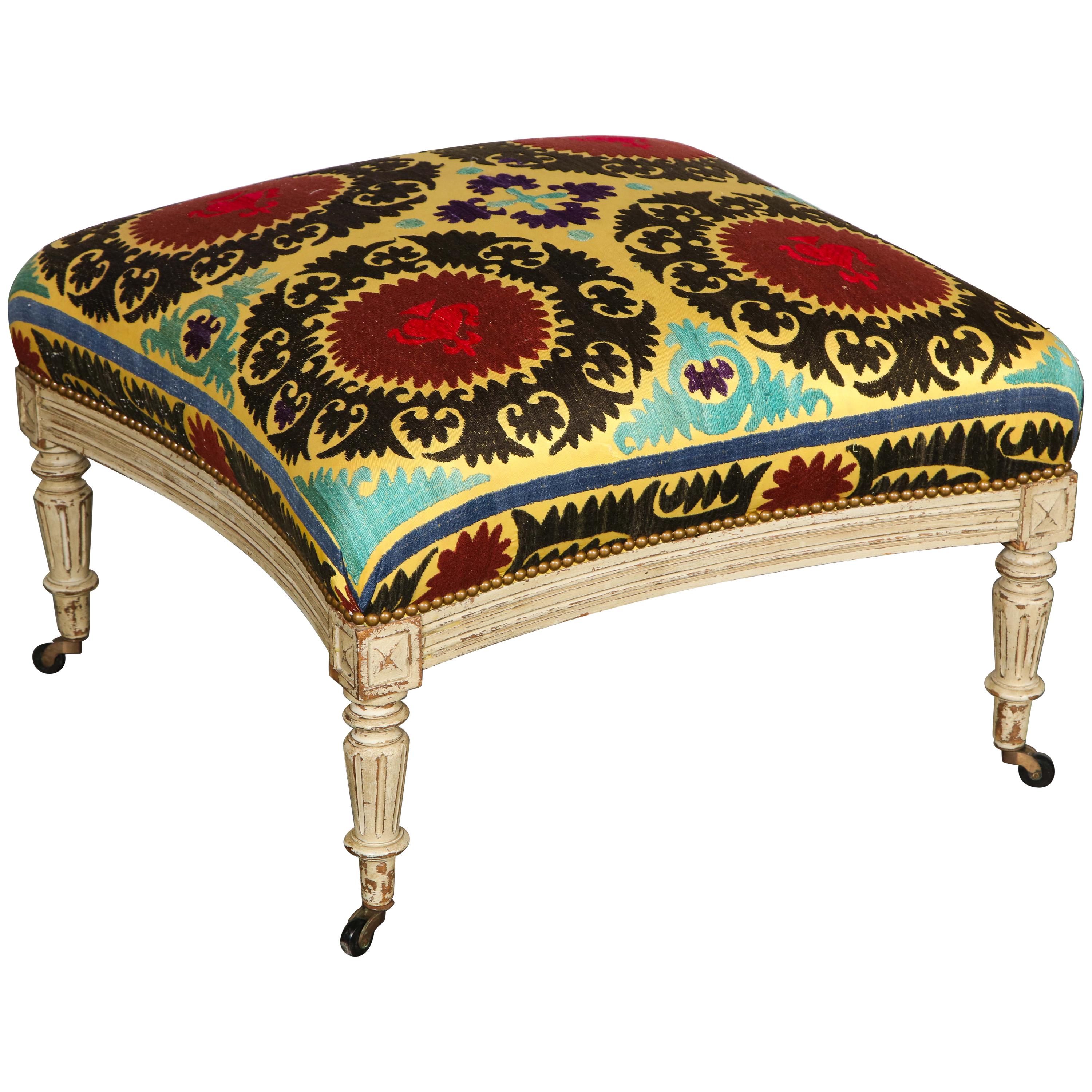 Louis XVI Style Suzani-Upholstered Square Grey-Painted Ottoman