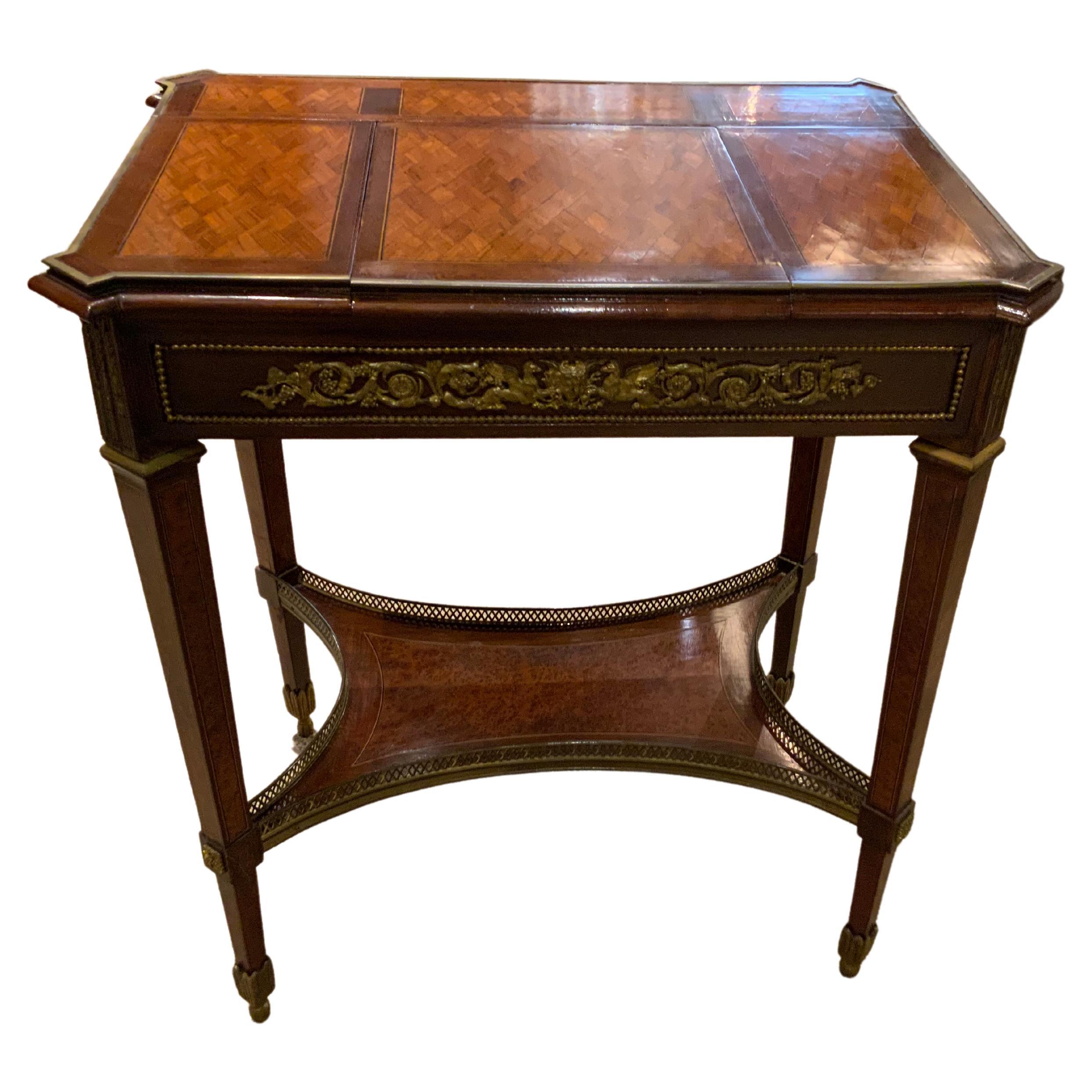 Louis XVI -Style Table/Vanity with Marquetry and Top Opening with Mirror
