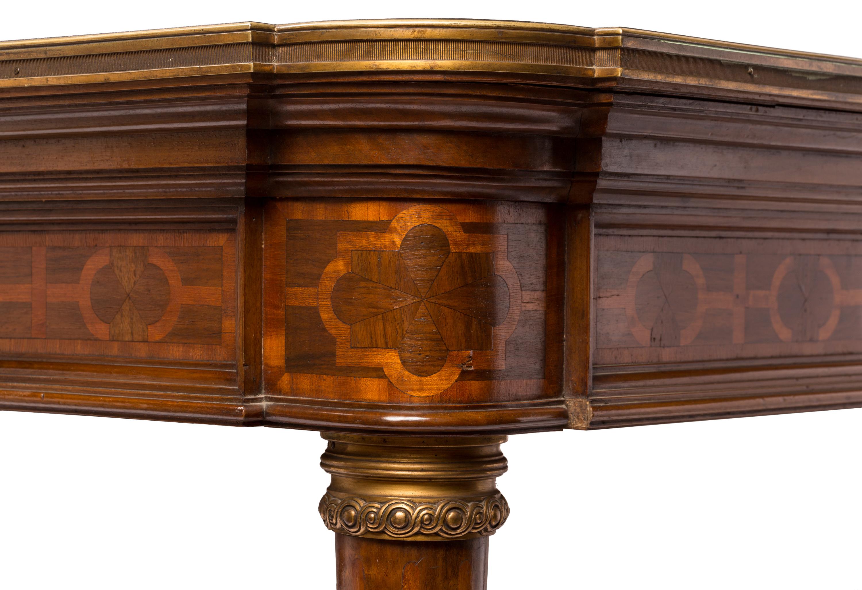 19th Century Louis XVI Style Table with Geometric Wood Marquetry and Brass Detailing For Sale
