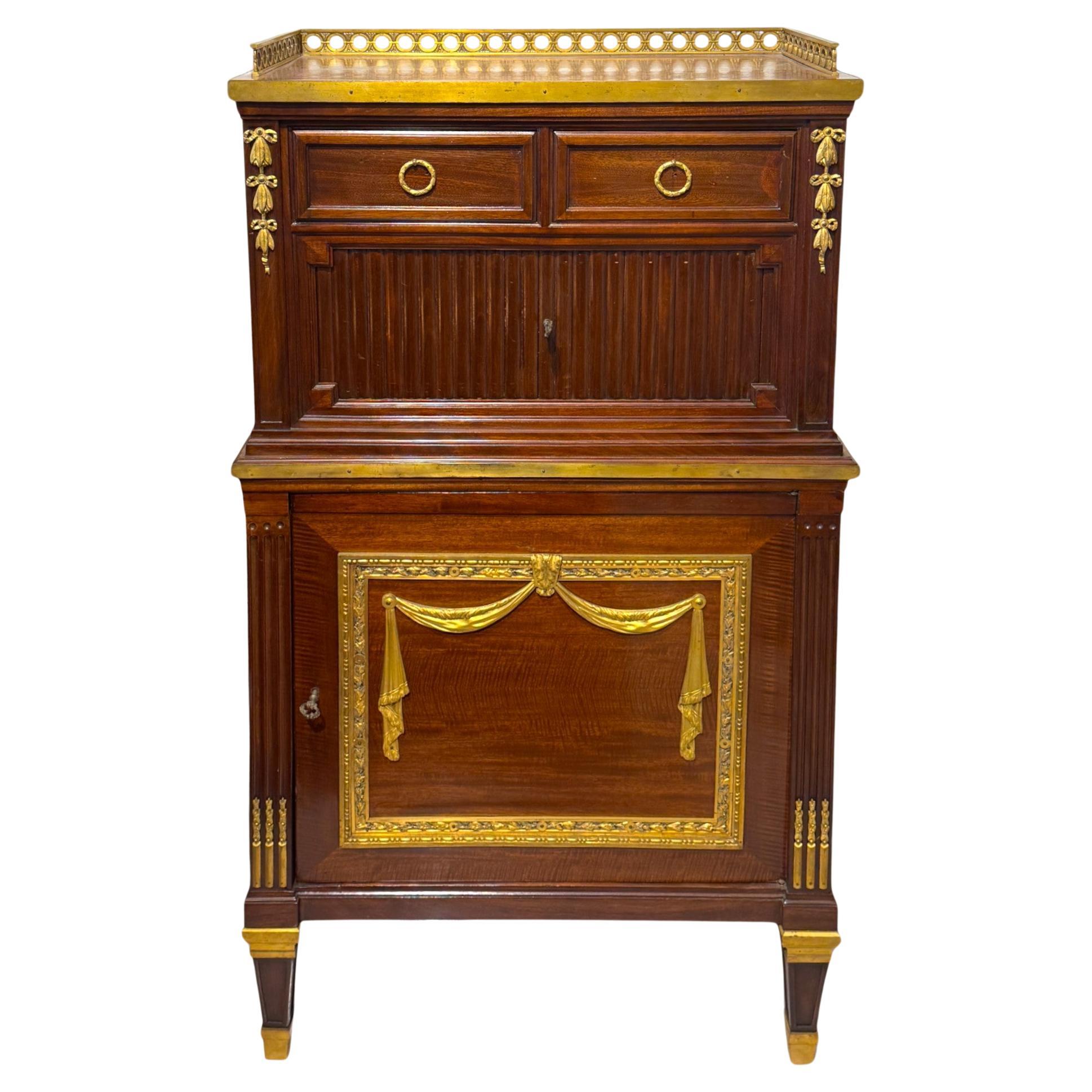 Louis XVI–Style Tambour Bureau Cabinet in Mahogany and gilt bronze, 19th Century