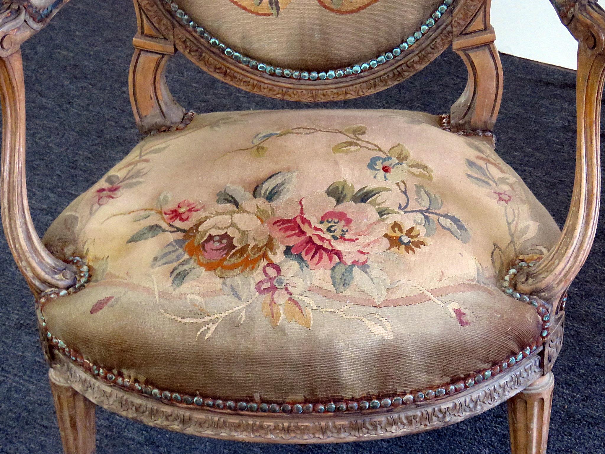 American Louis XVI Style Tapestry Fauteuil Open Arm Parlor Chair For Sale