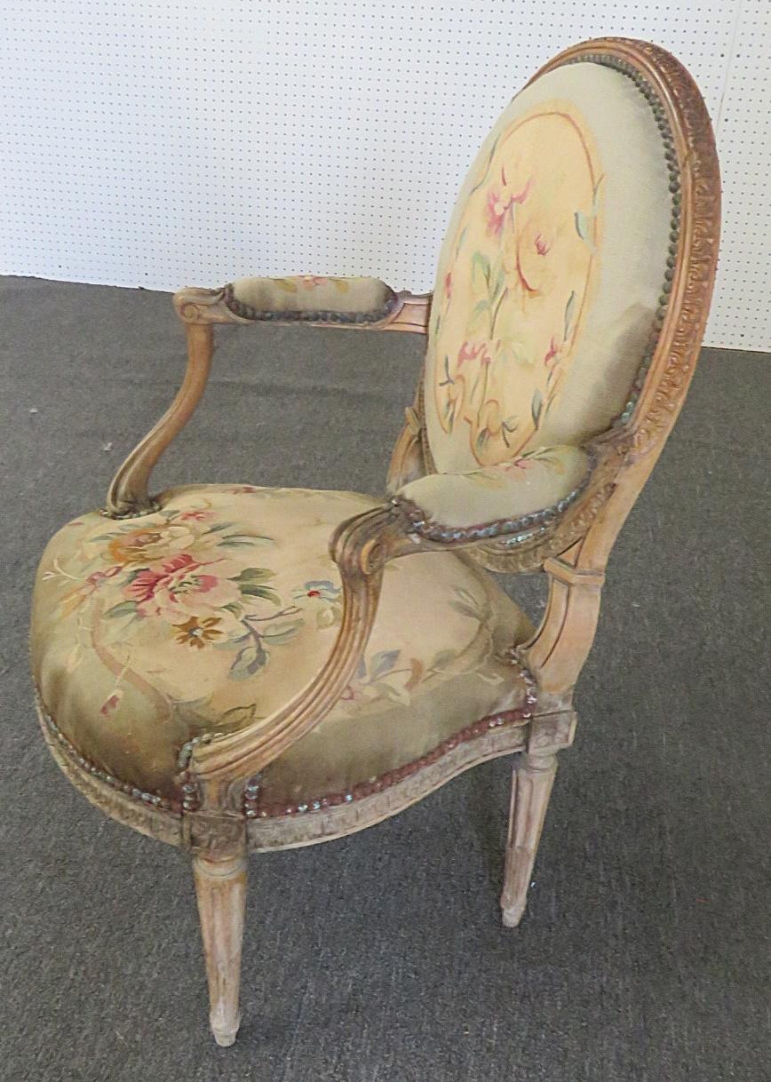 Louis XVI Style Tapestry Fauteuil Open Arm Parlor Chair In Good Condition For Sale In Swedesboro, NJ