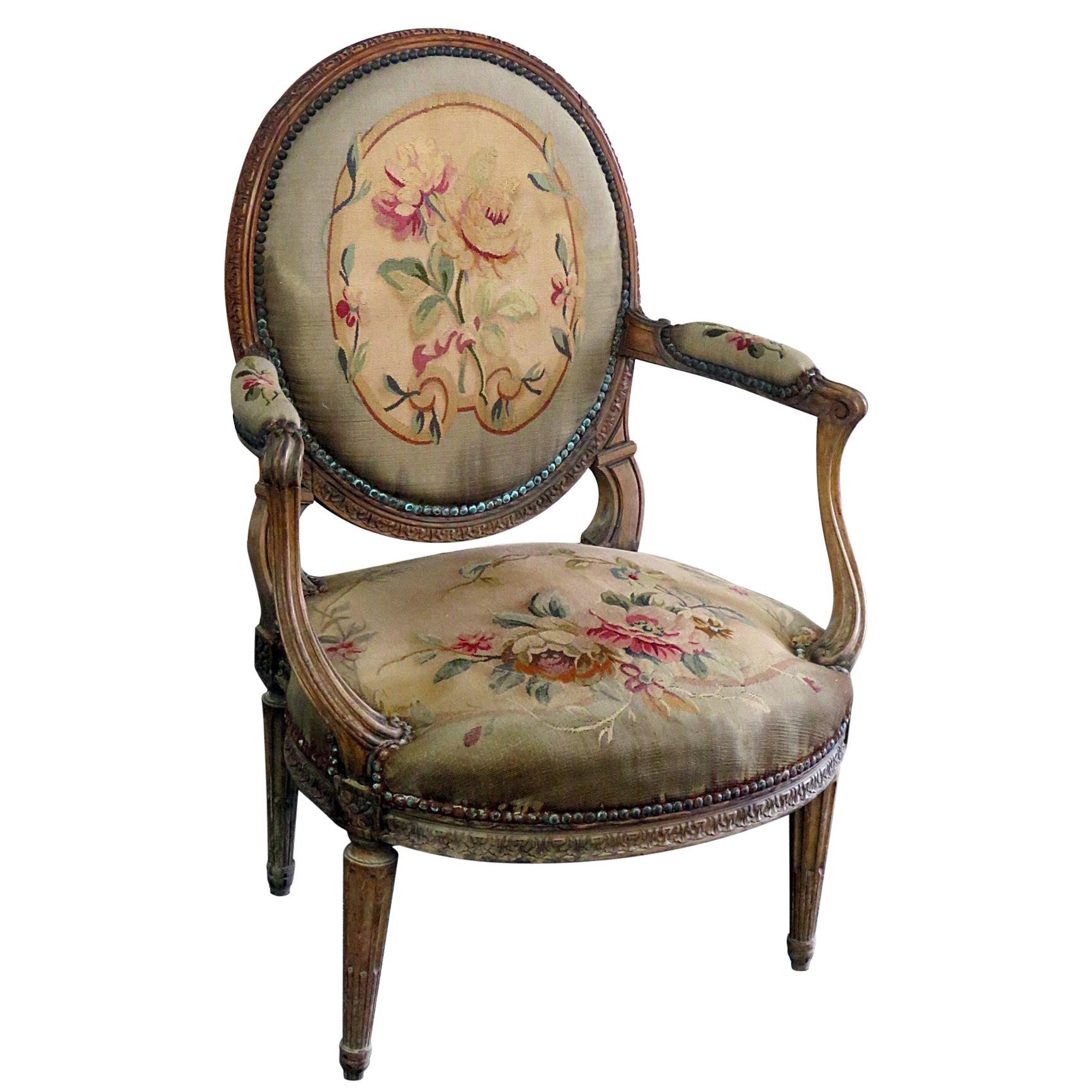 Louis XVI Style Tapestry Fauteuil Open Arm Parlor Chair For Sale