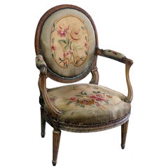 Vintage Louis XVI Style Tapestry Fauteuil Open Arm Parlor Chair