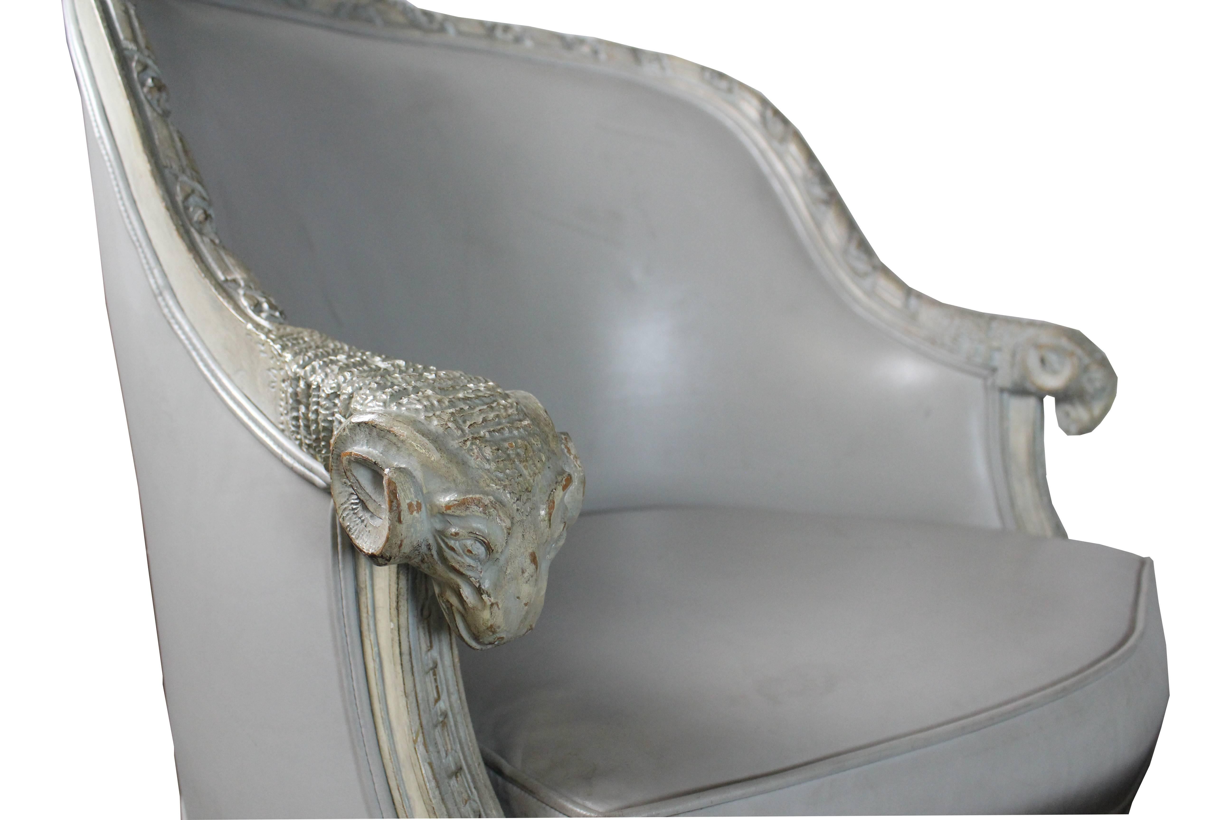 French Louis XVI style three-piece chaise. Ram head carved on each arm. The upholstery is leather the condition of the leather is good you can minor wear.