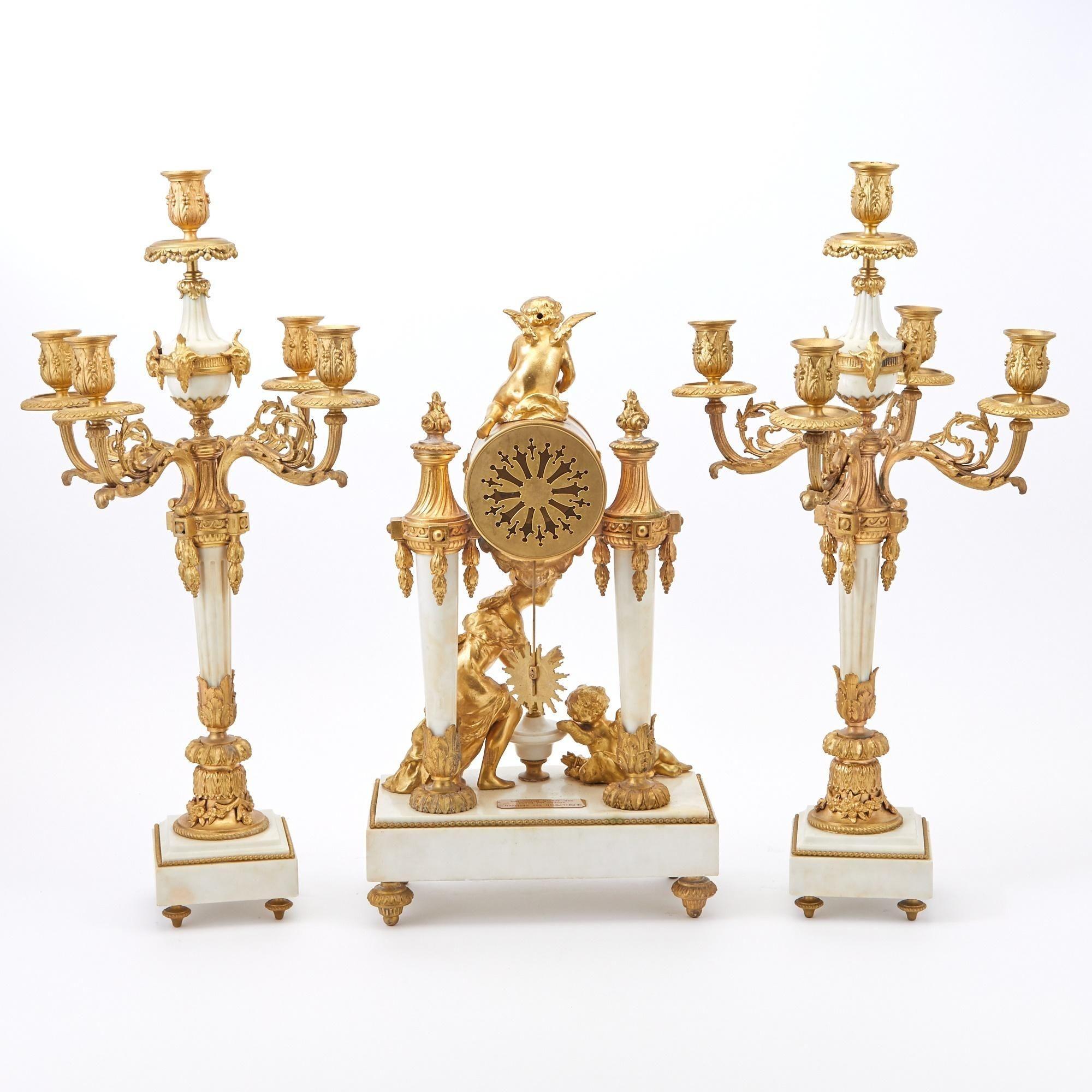 Louis XVI Style, Three Piece Clock Garniture, Gilt Bronze, Marble, France, 1920s For Sale 8