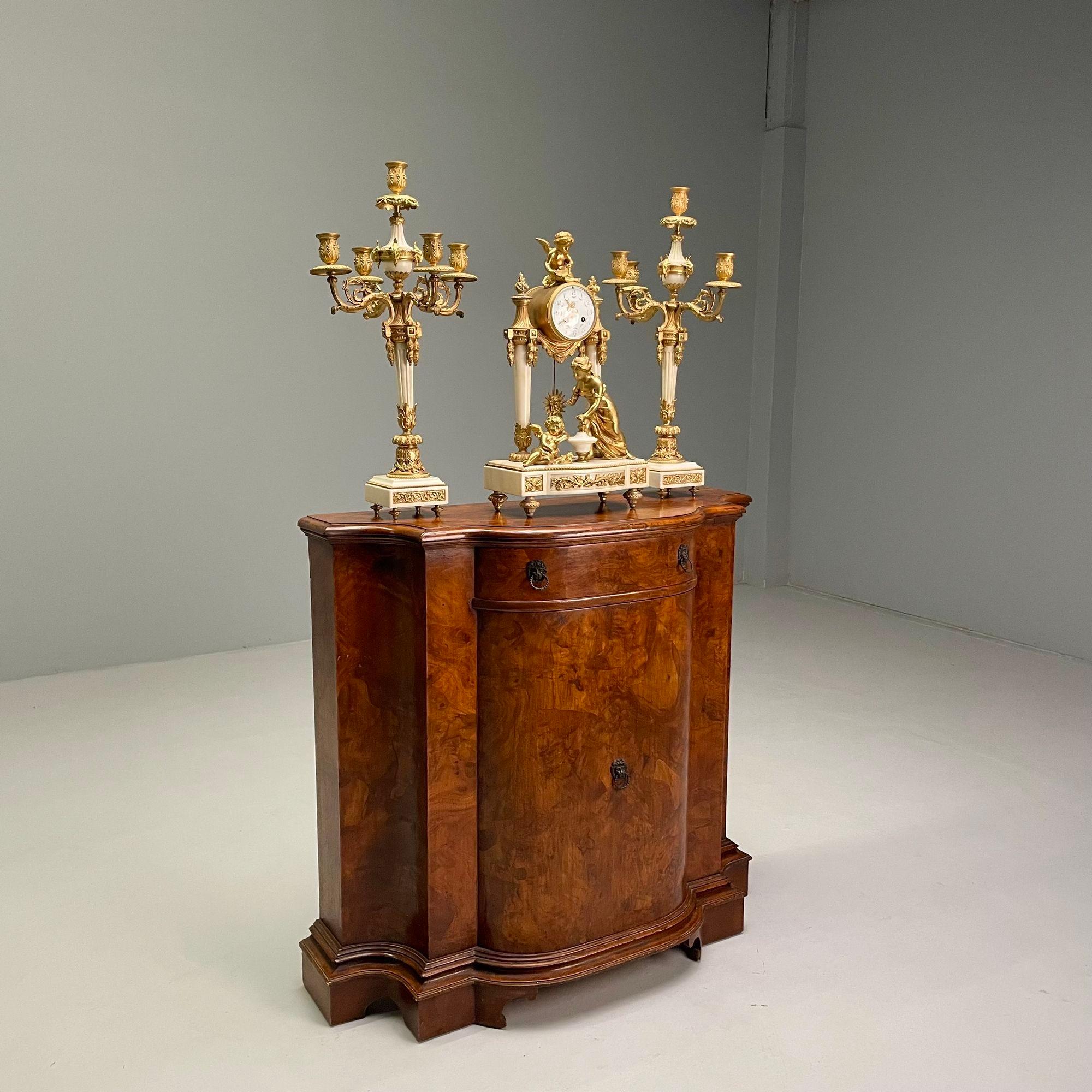 French Louis XVI Style, Three Piece Clock Garniture, Gilt Bronze, Marble, France, 1920s For Sale