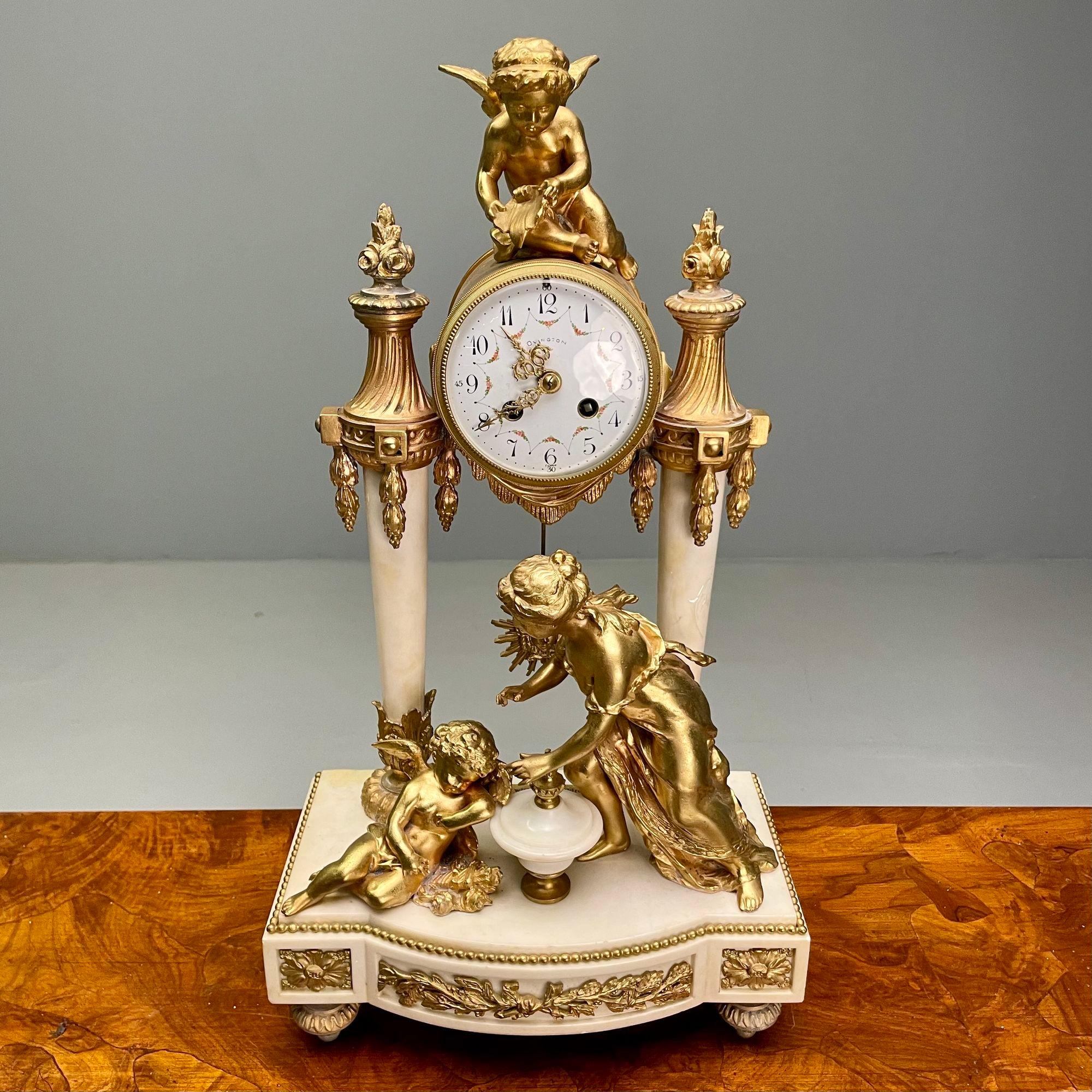Early 20th Century Louis XVI Style, Three Piece Clock Garniture, Gilt Bronze, Marble, France, 1920s For Sale