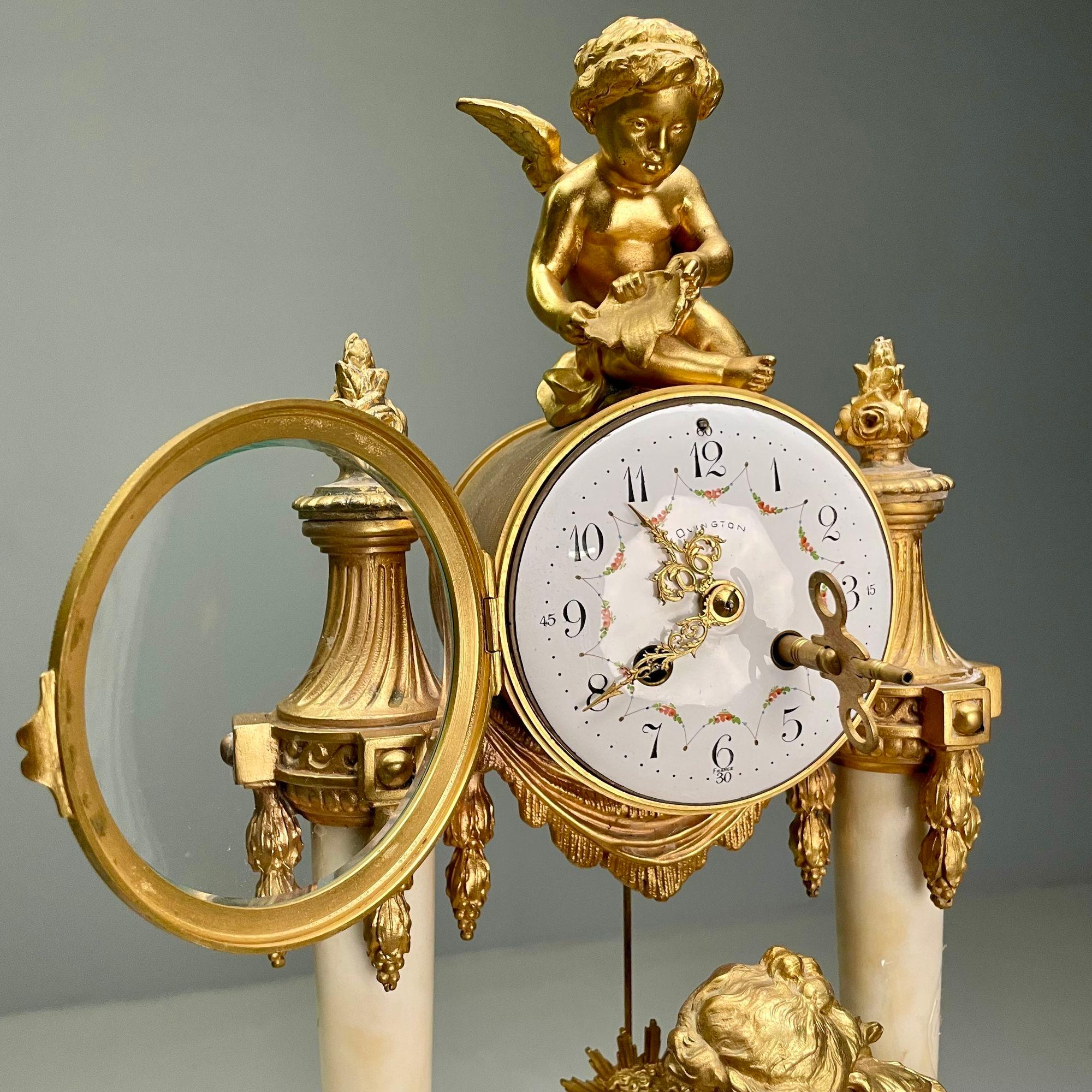 Louis XVI Style, Three Piece Clock Garniture, Gilt Bronze, Marble, France, 1920s For Sale 1