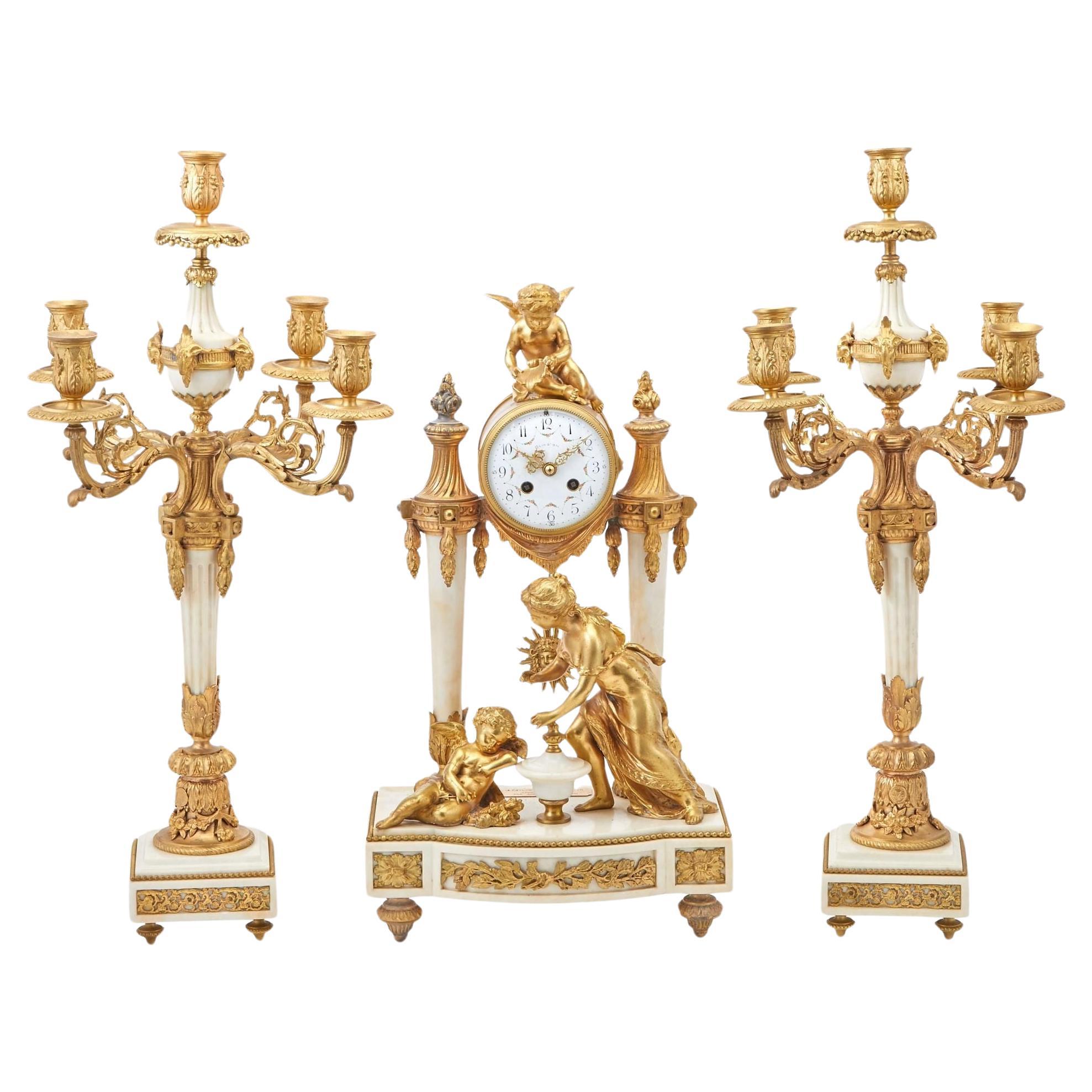 Louis XVI Style, Three Piece Clock Garniture, Gilt Bronze, Marble, France, 1920s For Sale