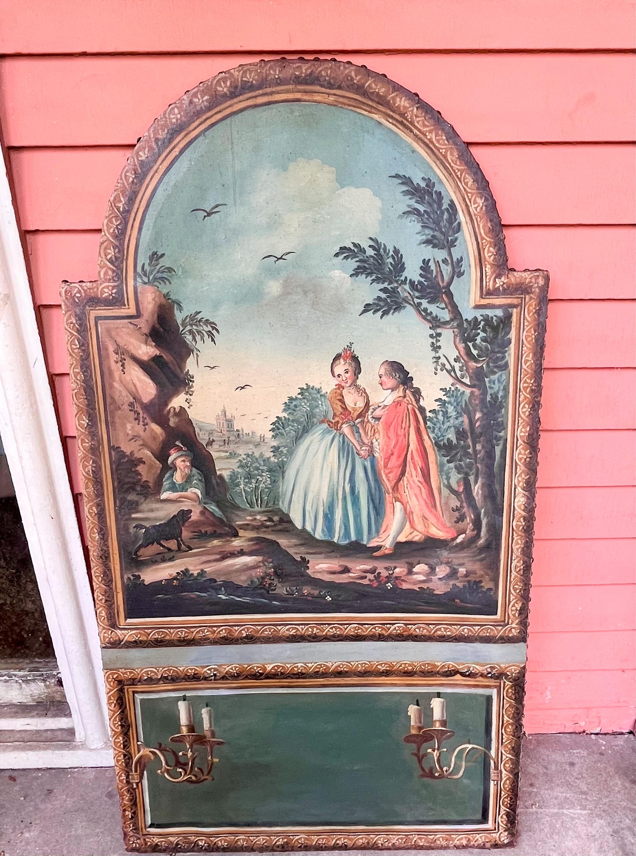 French Louis XVI Style Trumeau Panel with Trompe L'oeil Mirror Panel For Sale