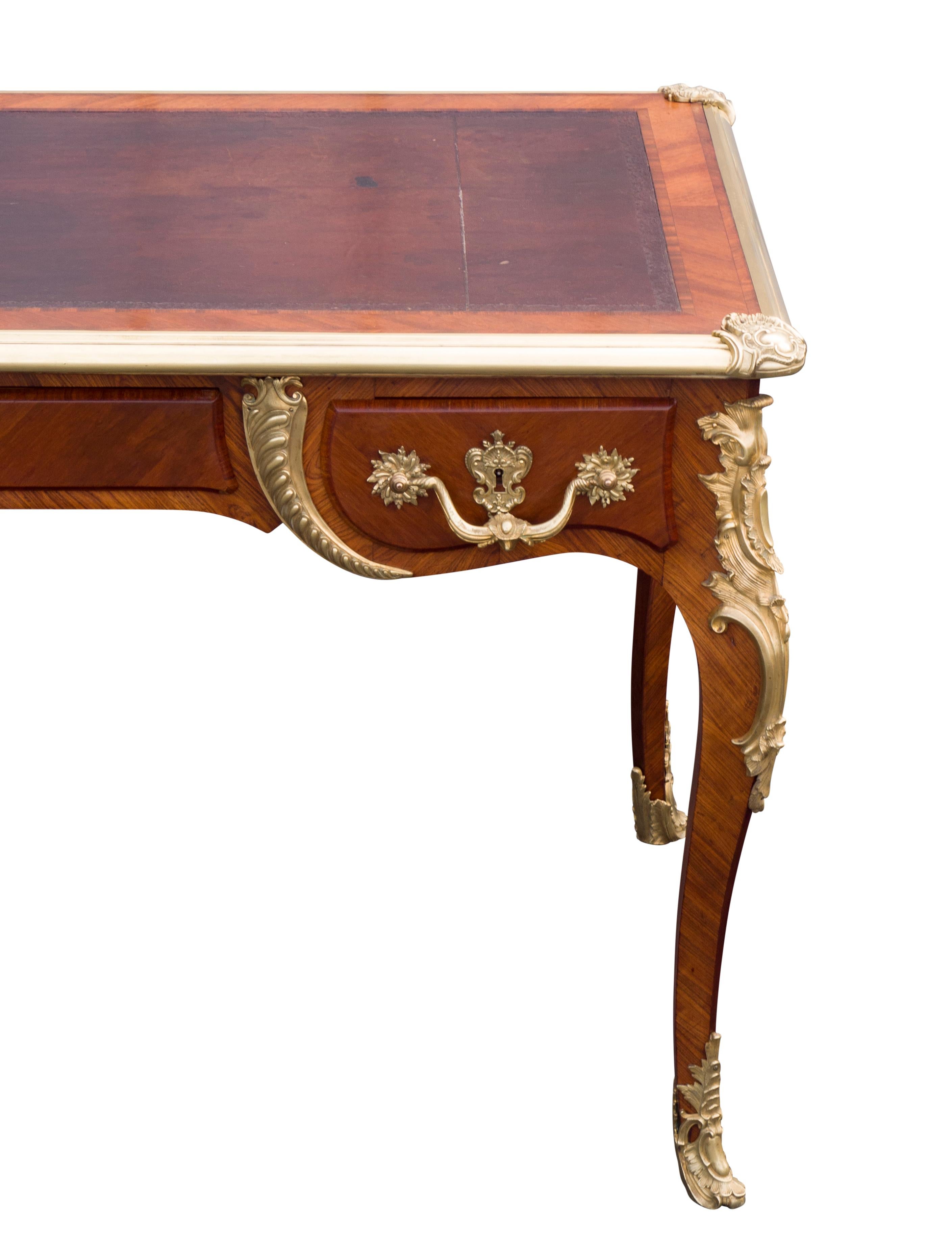 Bronze Louis XVI Style Tulipwood Bureau Plat For Sale