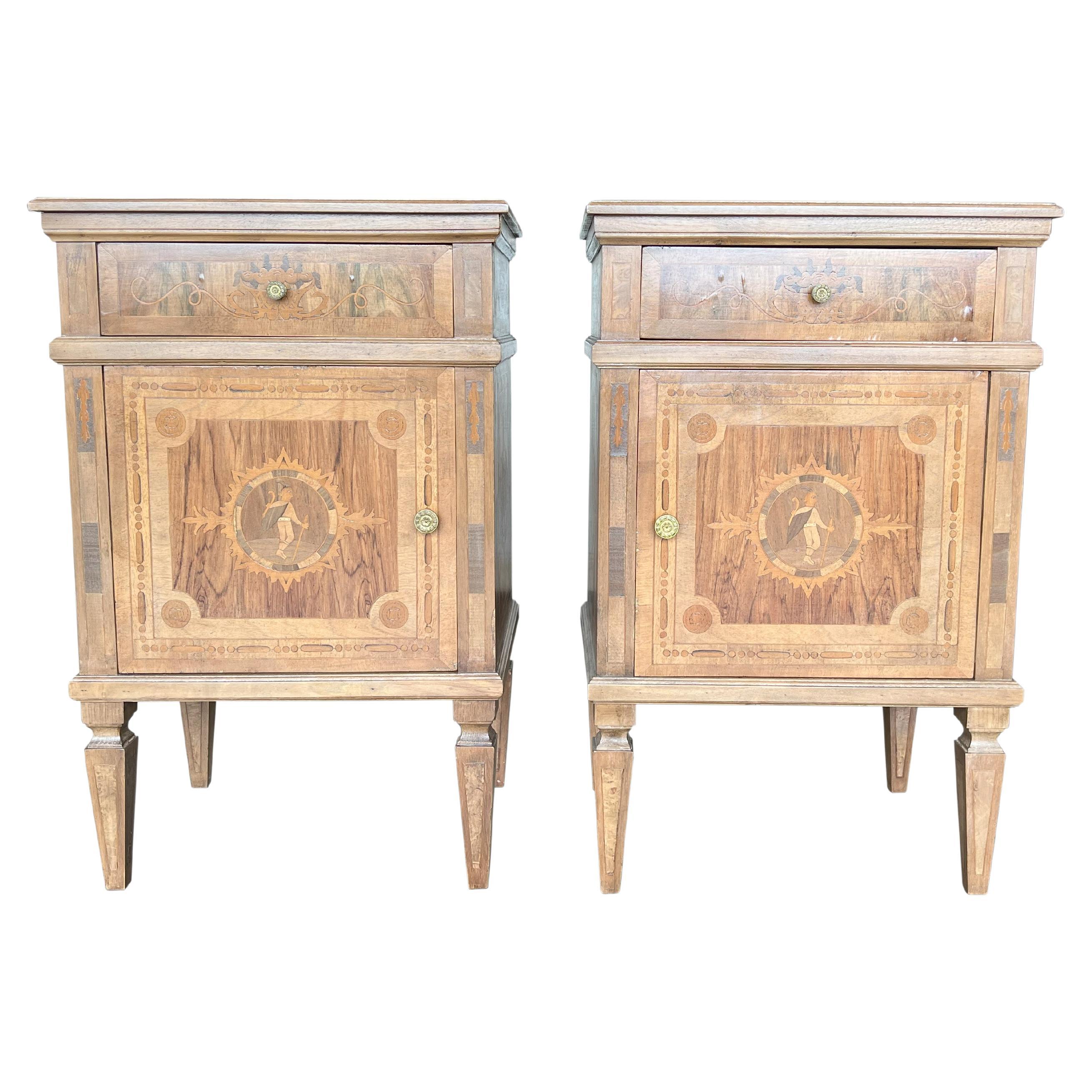 Louis XVI Style Tuscan Italian Walnut Nightstand Pair with Inlay Marquetry  
