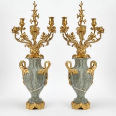 Louis XVI Style Two-Handled Green Marble & Gilt Bronze Six-Light Candelabras