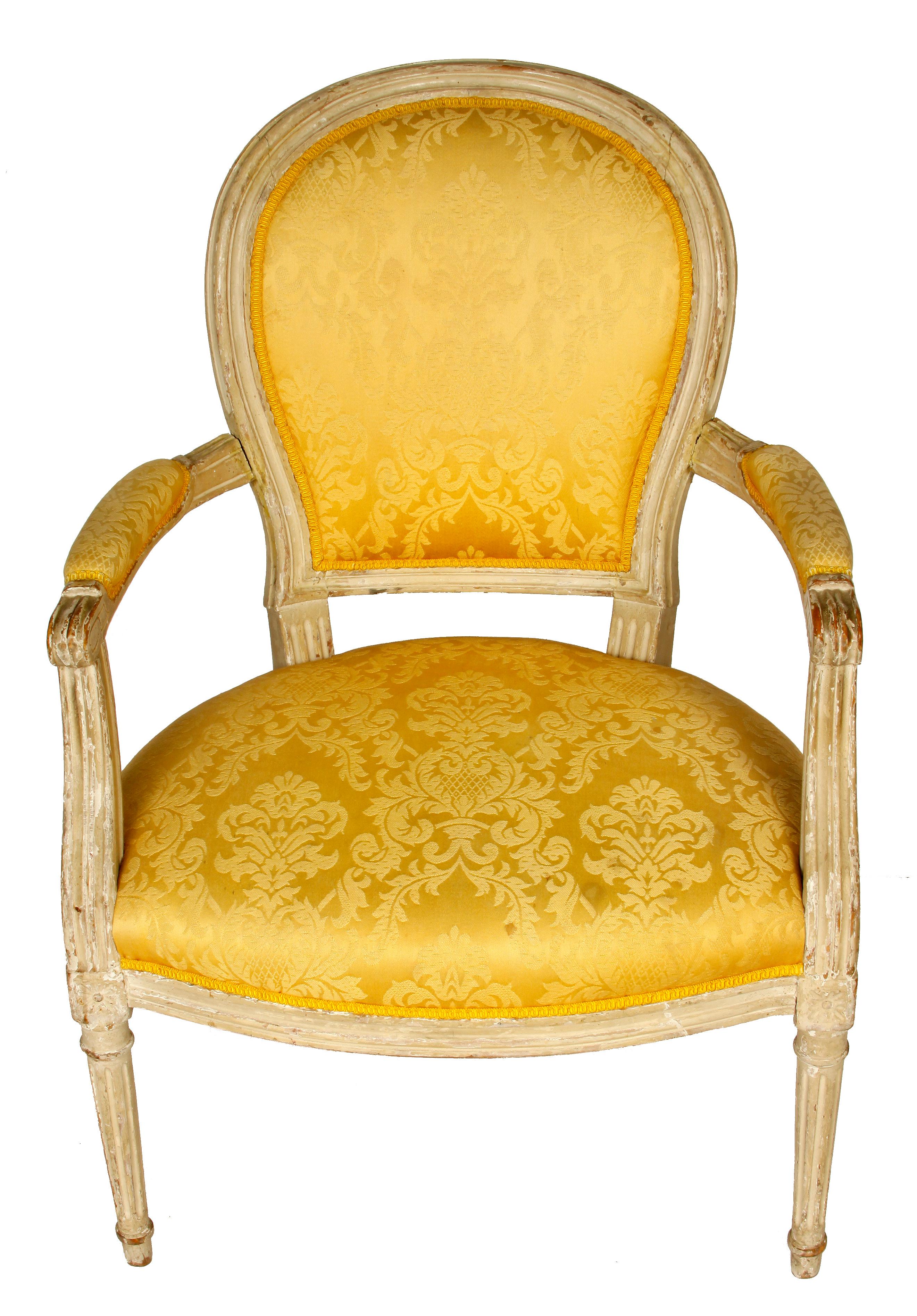 Unknown Louis XVI Style Upholstered Armchair in Yellow Damask