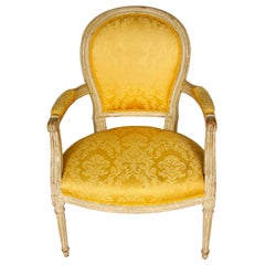 Louis XVI Style Upholstered Armchair in Yellow Damask