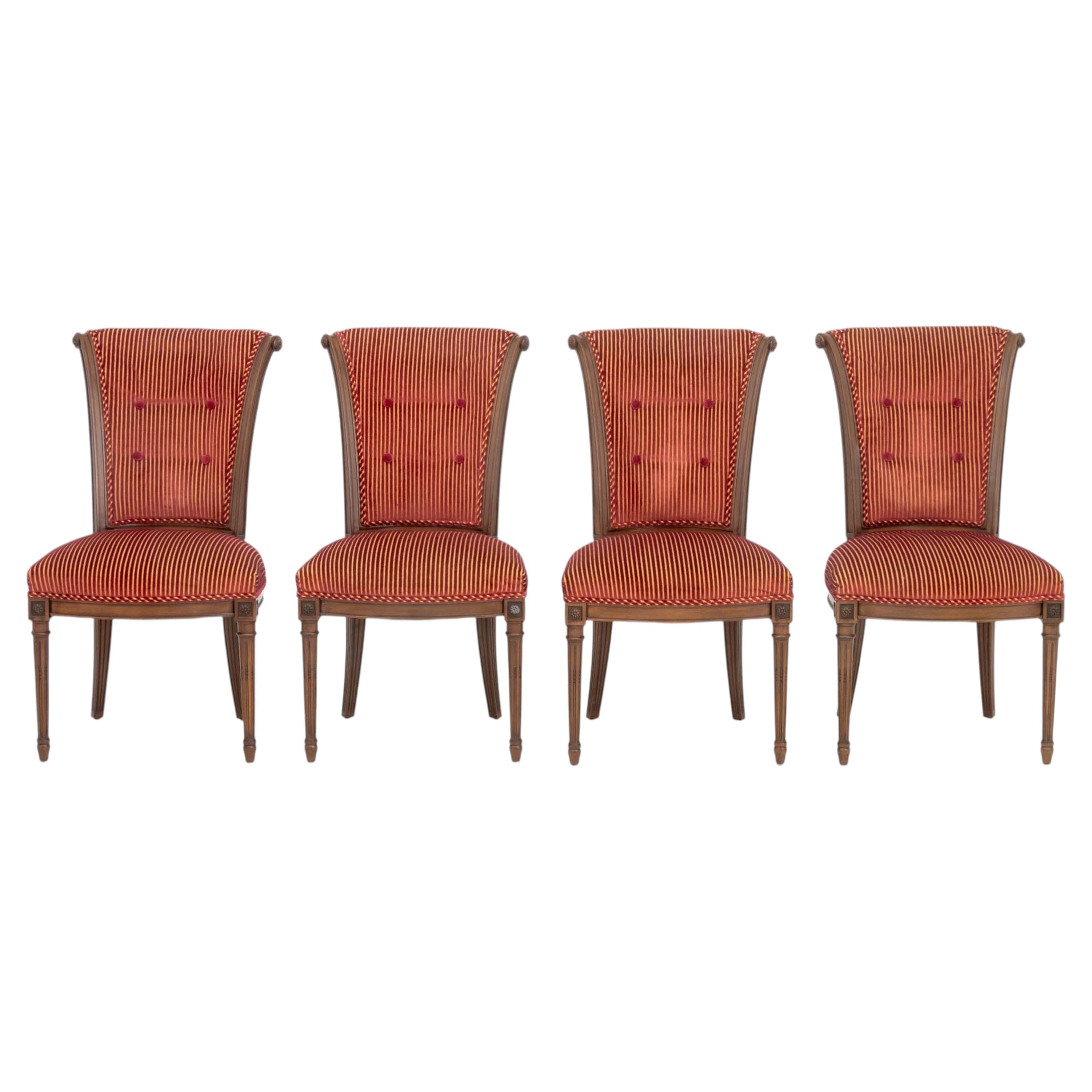 Louis XVI Style Red Velvet Upholstered Dining Chairs, 4