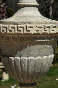 Louis XVI Style Urns 'Pair with Pedestals' Hand-Carved Pure Limestone, France