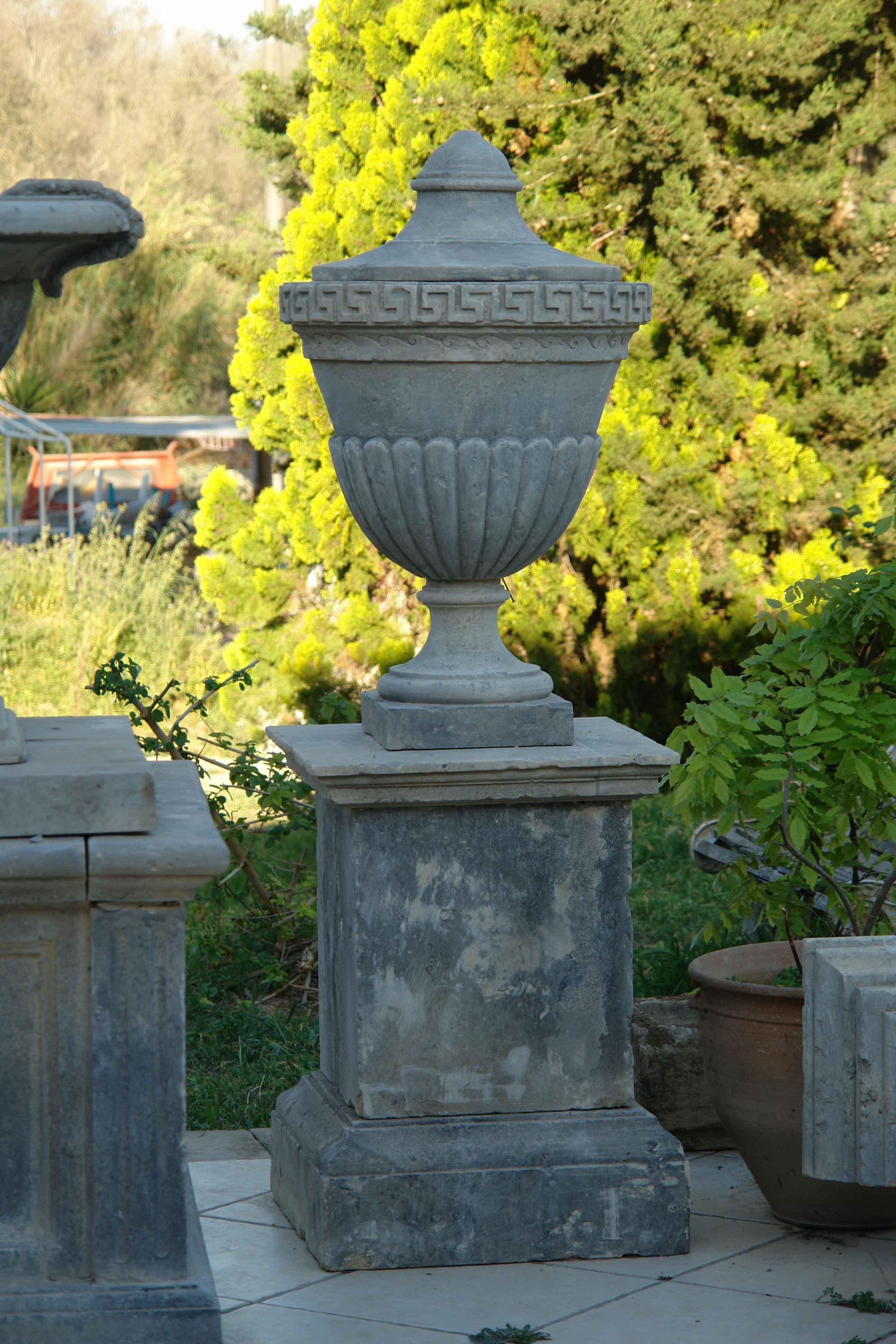 Louis XVI Style Urns 'Pair with Pedestals' Hand-Carved Pure Limestone, France In Good Condition For Sale In LOS ANGELES, CA