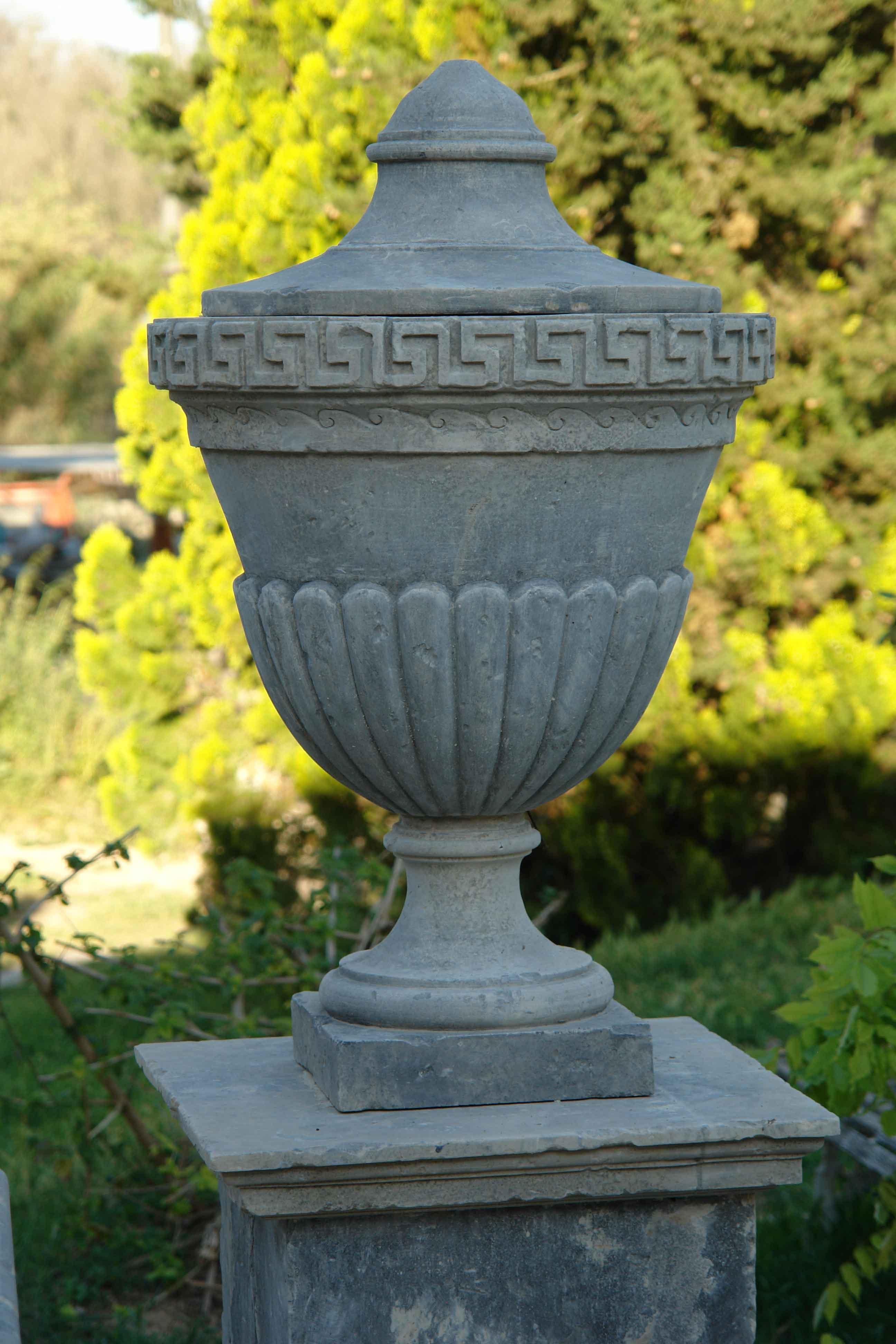 20th Century Louis XVI Style Urns 'Pair with Pedestals' Hand-Carved Pure Limestone, France For Sale