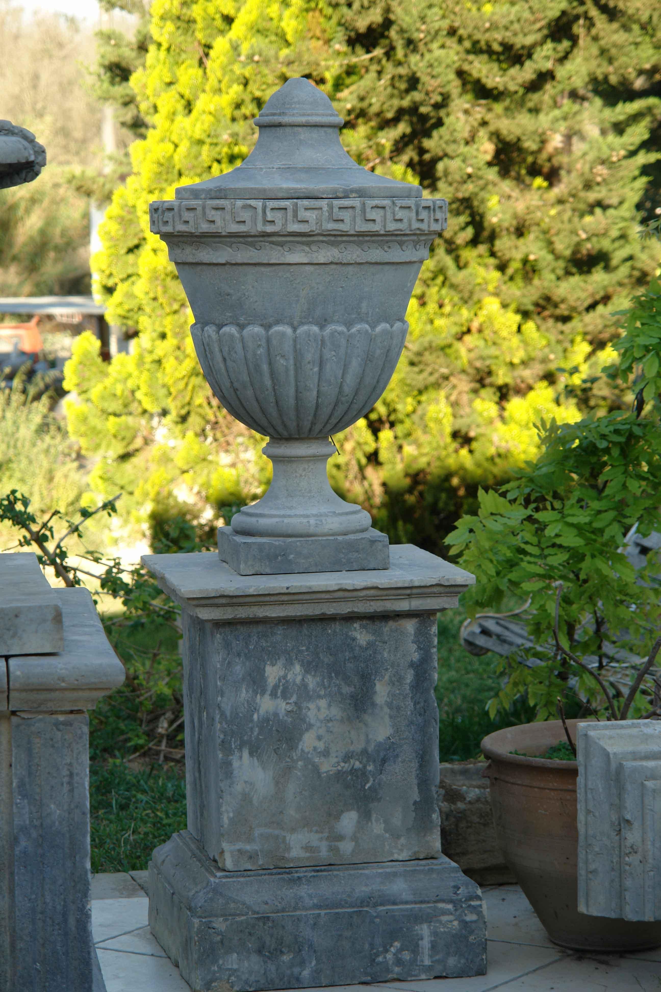 Louis XVI Style Urns 'Pair with Pedestals' Hand-Carved Pure Limestone, France For Sale 1