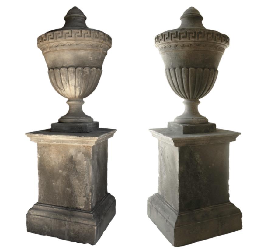 Louis XVI Style Urns 'Pair with Pedestals' Hand-Carved Pure Limestone, France For Sale