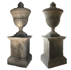 Louis XVI Style Urns 'Pair with Pedestals' Hand-Carved Pure Limestone, France