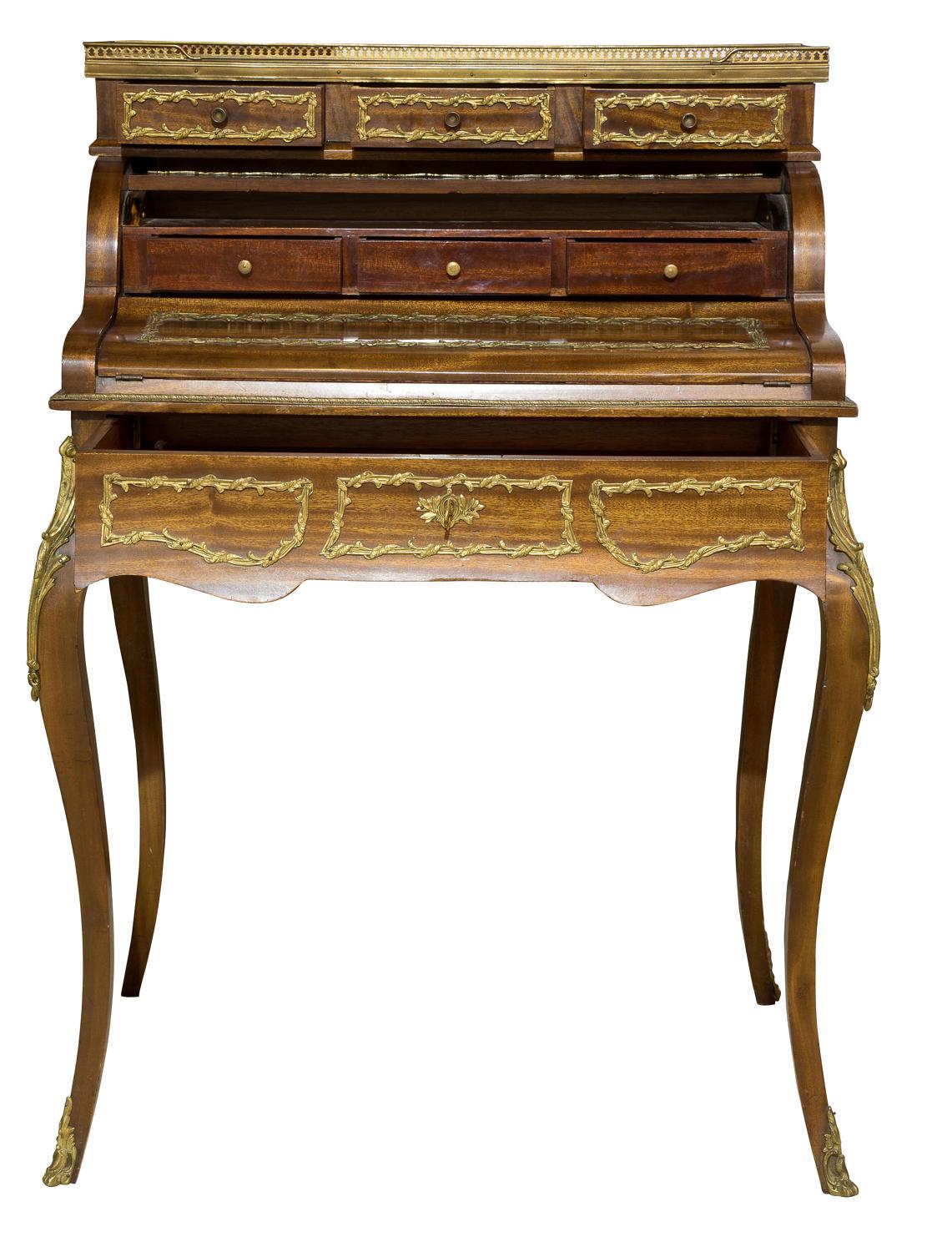 Louis XVI style vernis-martin bonheur du jour comprising 3 drawers over the decorated cylinder fall standing on cabriole legs with ormolu mounts throughout.

circa 1930.