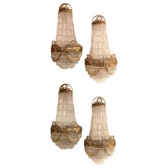 Louis XVI Style, Wall Sconces,  Basket Form, Gilt Bronze, Crystal, France, 1940s