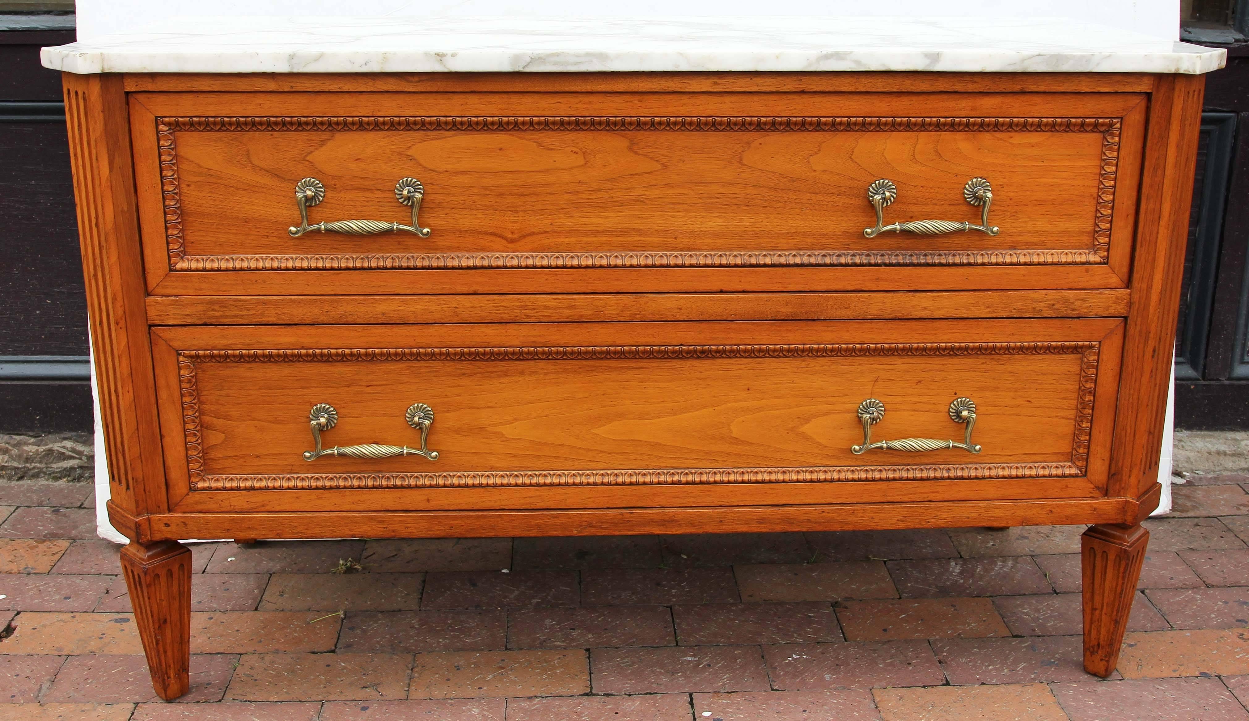 Neoclassical Revival Louis XVI Style Walnut and Marble Low Commode Neoclassical