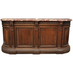 Antique Louis XVI Style Walnut and Marble Side Board Cabinet with Curved Doors