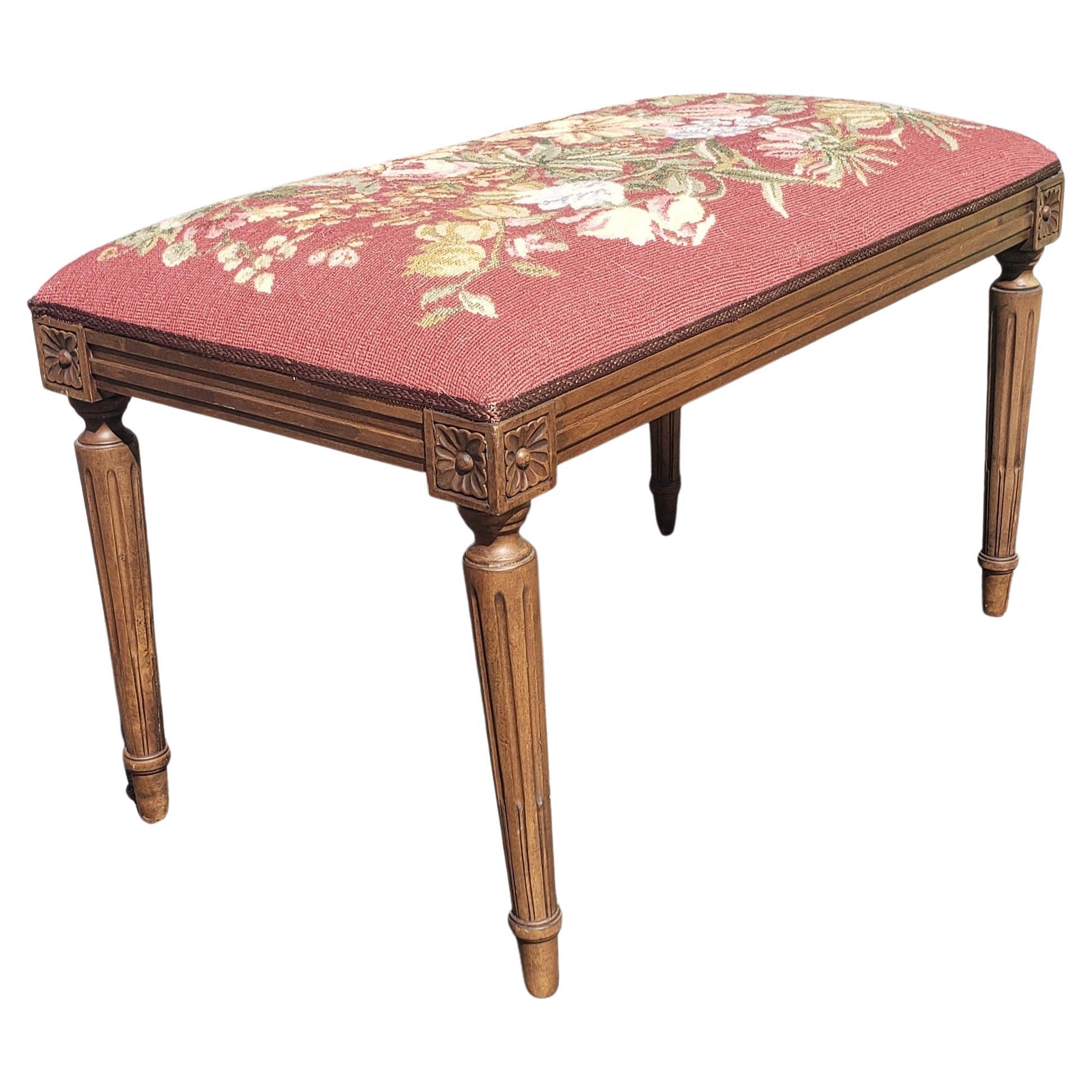 Louis XVI Style Walnut and Needlepoint Upholstered Tabouret Bench In Good Condition For Sale In Germantown, MD