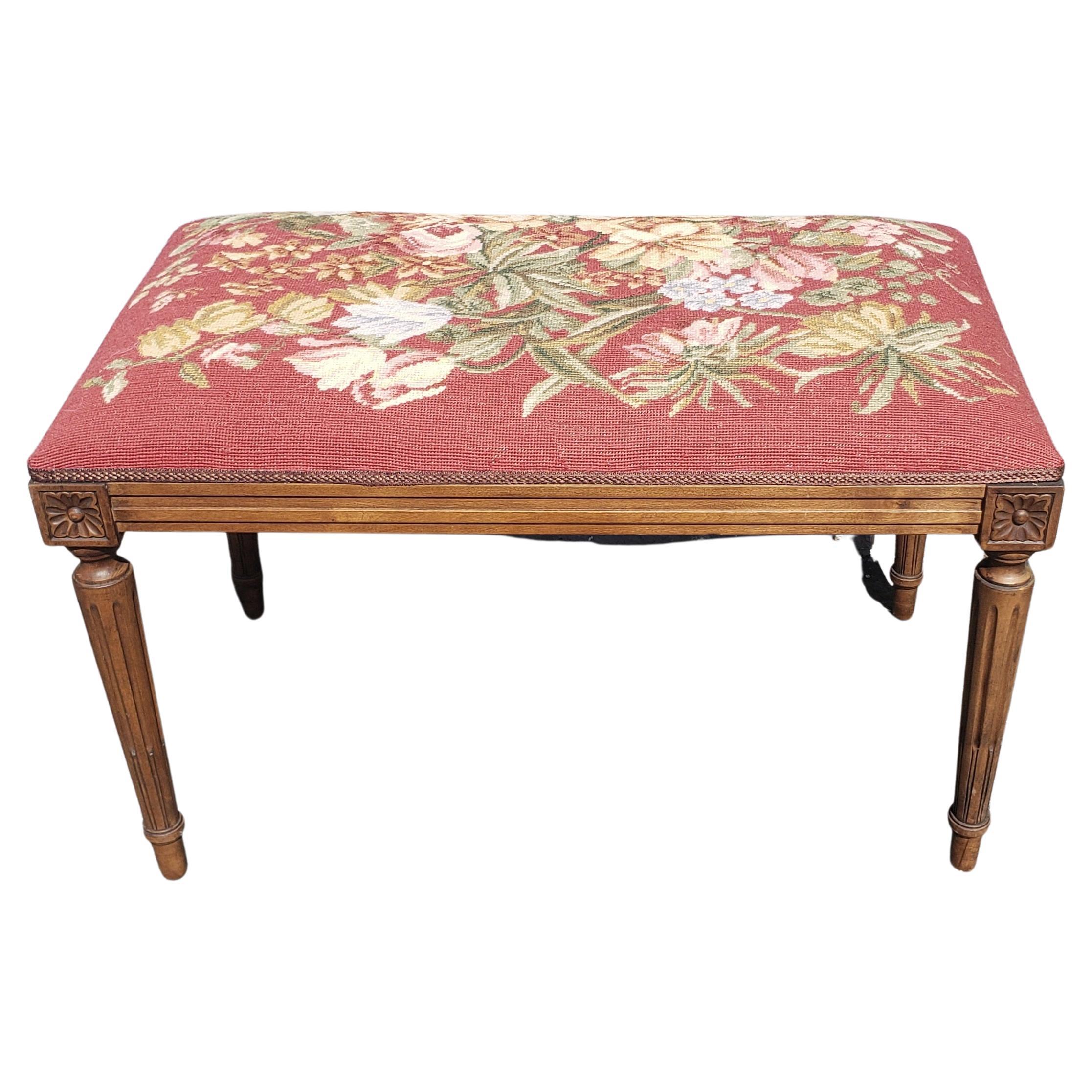 Louis XVI Style Walnut and Needlepoint Upholstered Tabouret Bench For Sale