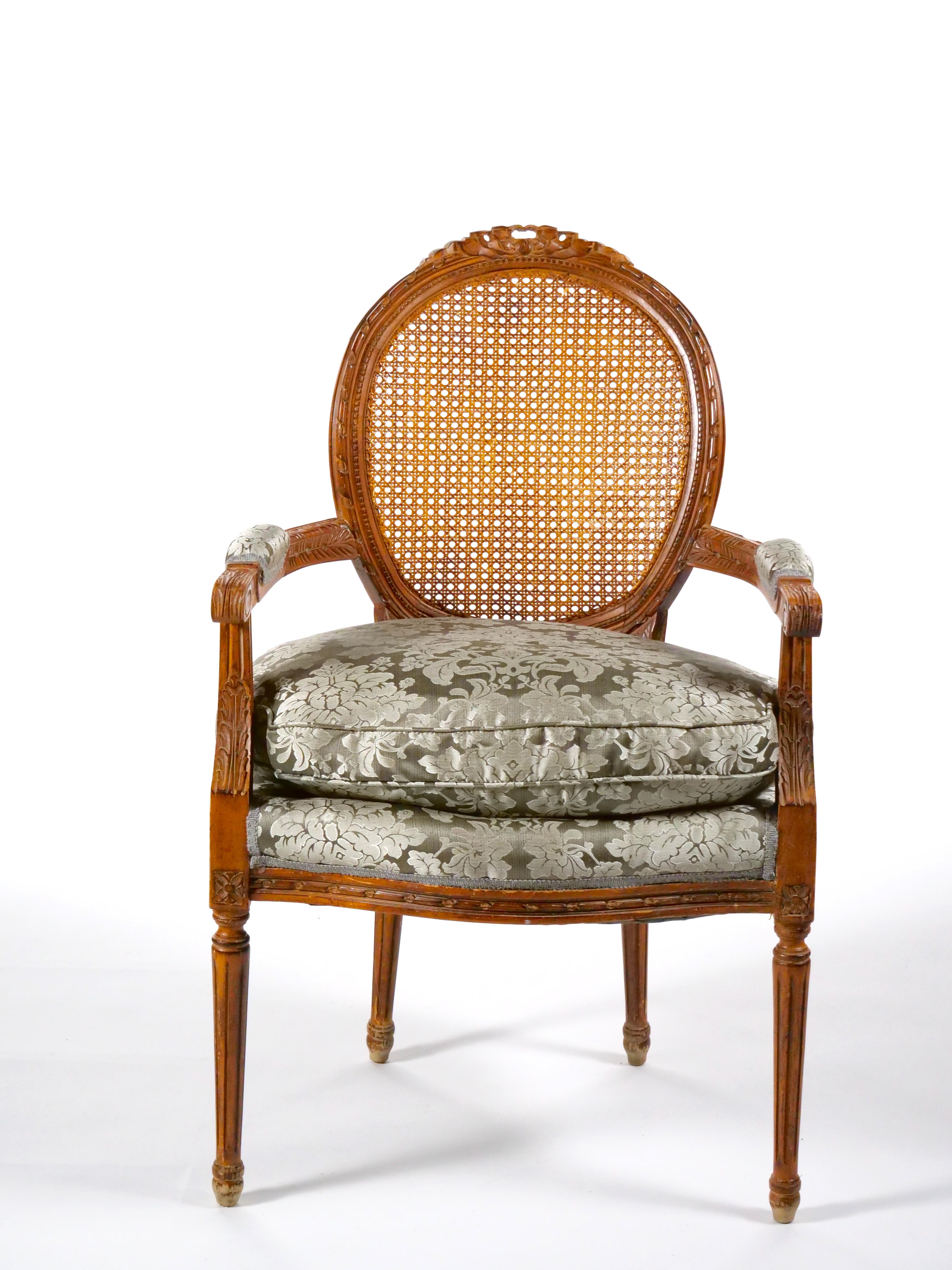 Louis XVI Style Walnut Caned Needlepoint Lounge Chairs For Sale 4