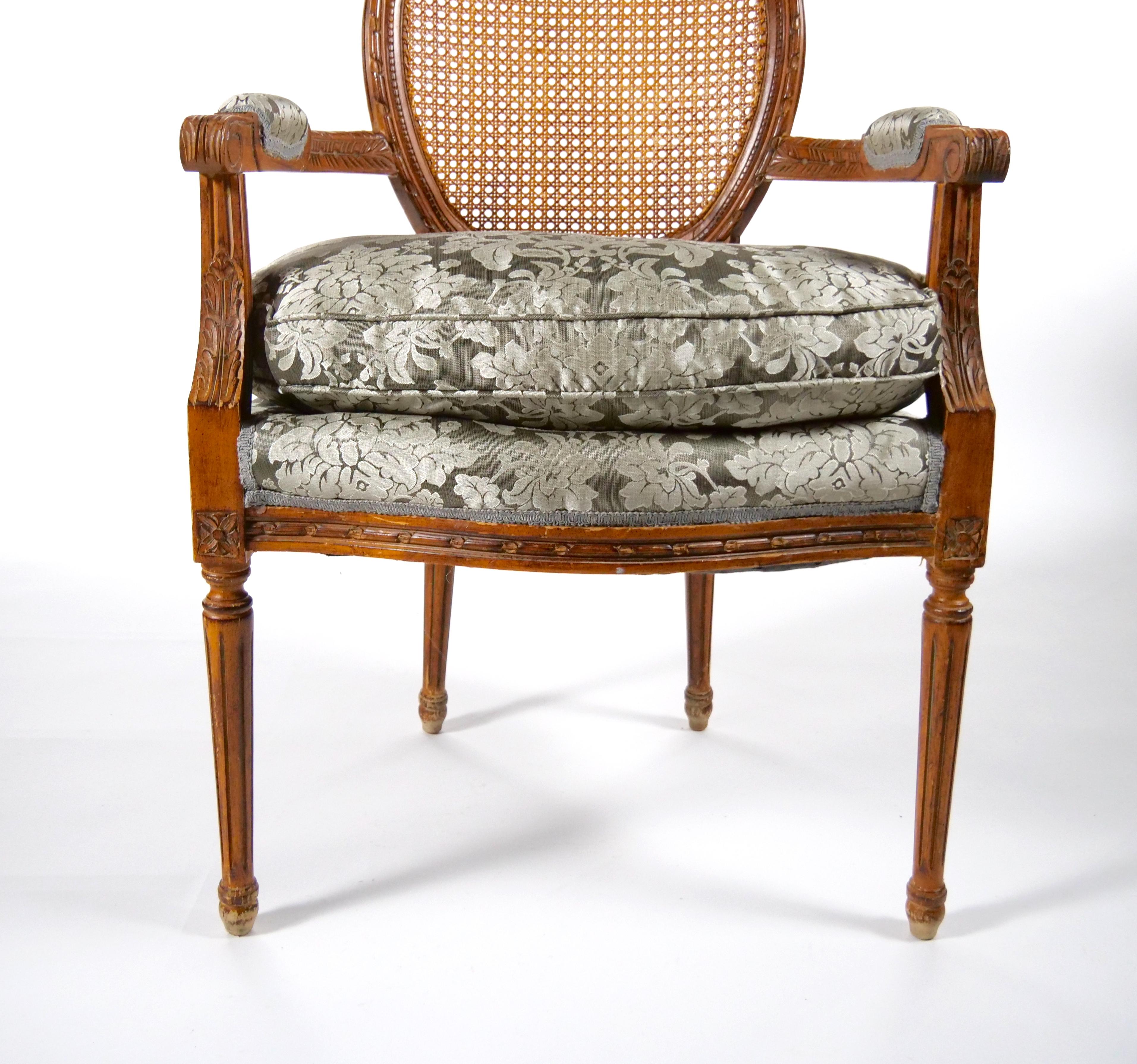 Louis XVI Style Walnut Caned Needlepoint Lounge Chairs For Sale 5