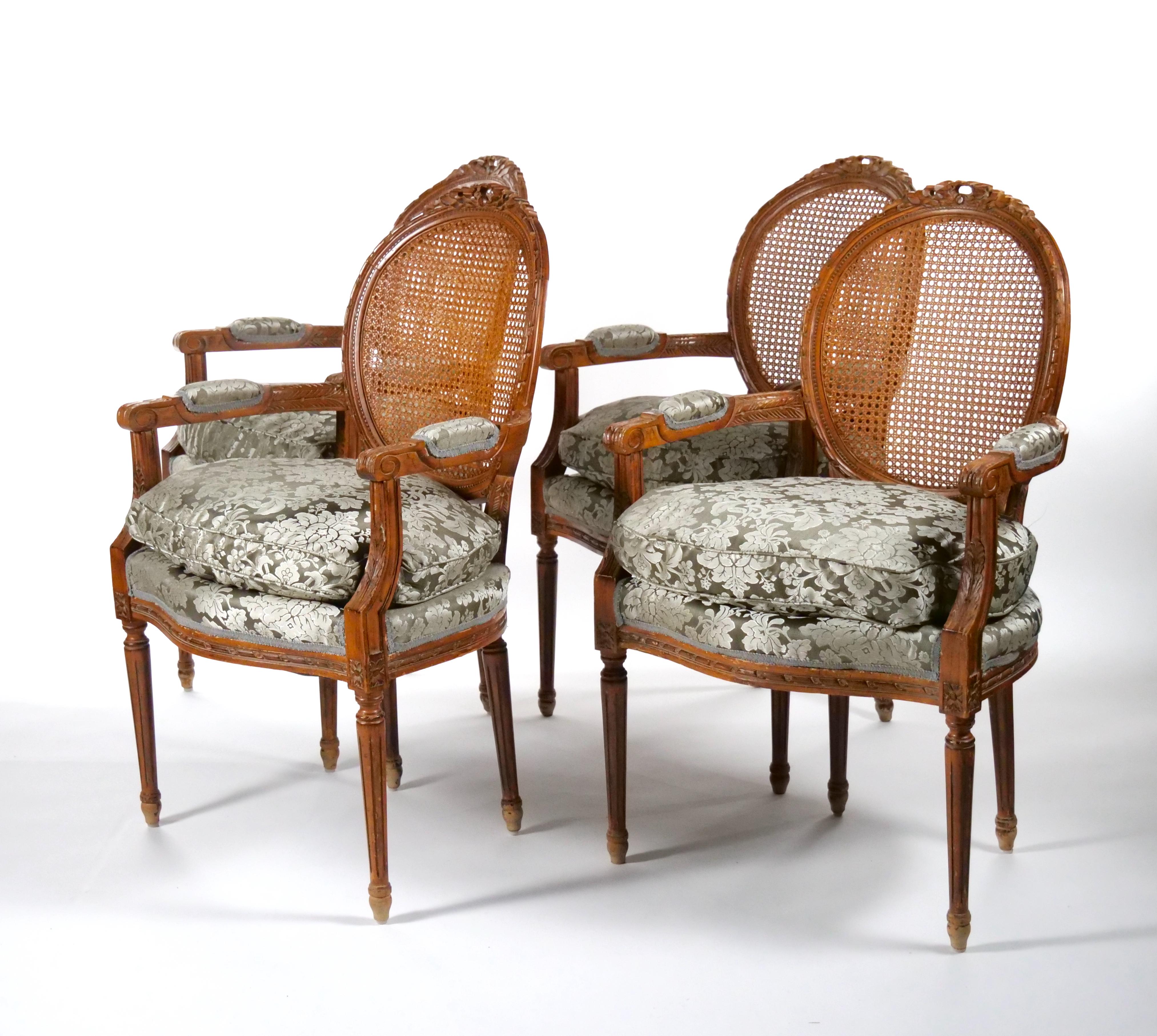 Louis XVI Style Walnut Caned Needlepoint Lounge Chairs For Sale 12