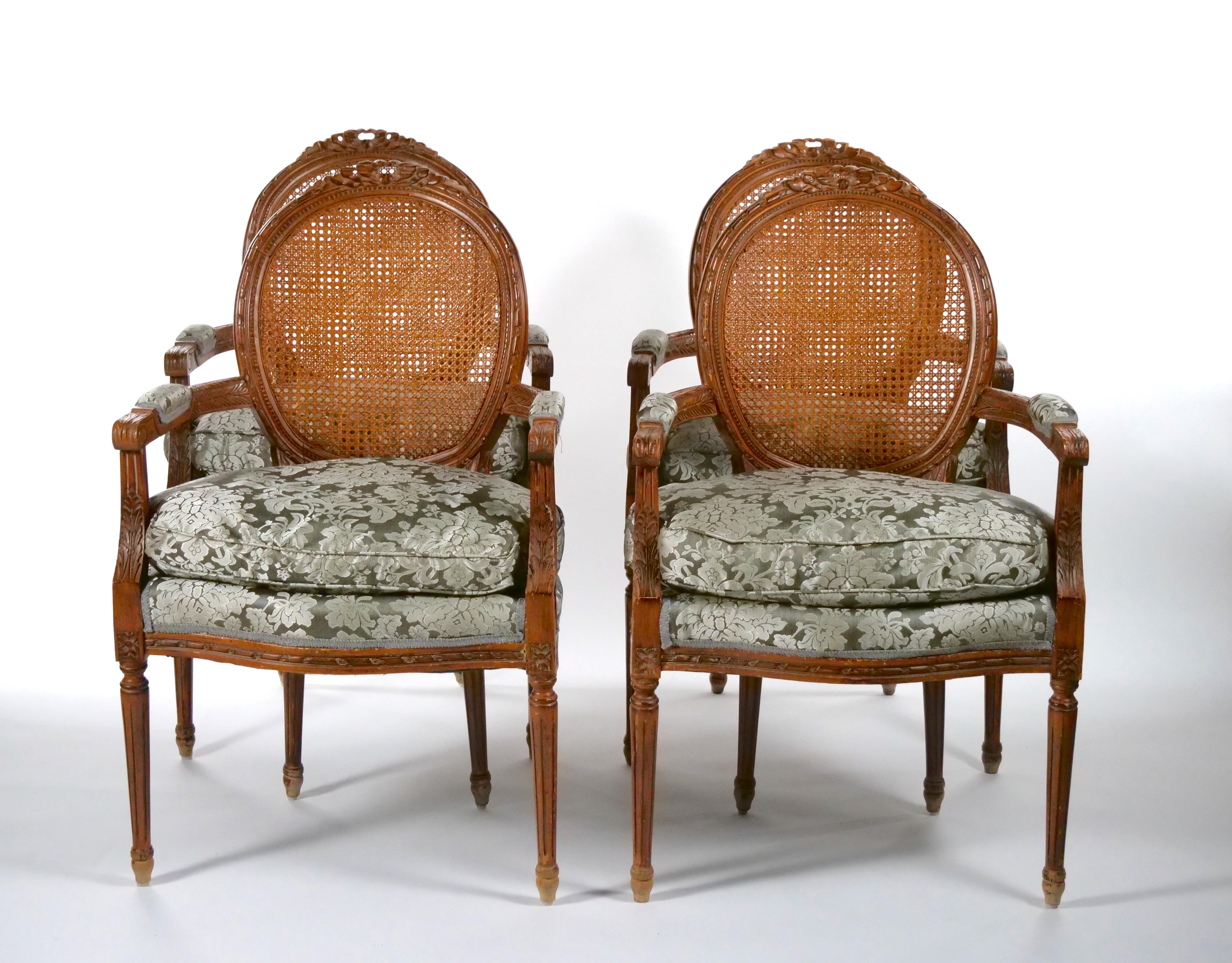 Louis XVI Style Walnut Caned Needlepoint Lounge Chairs For Sale 13