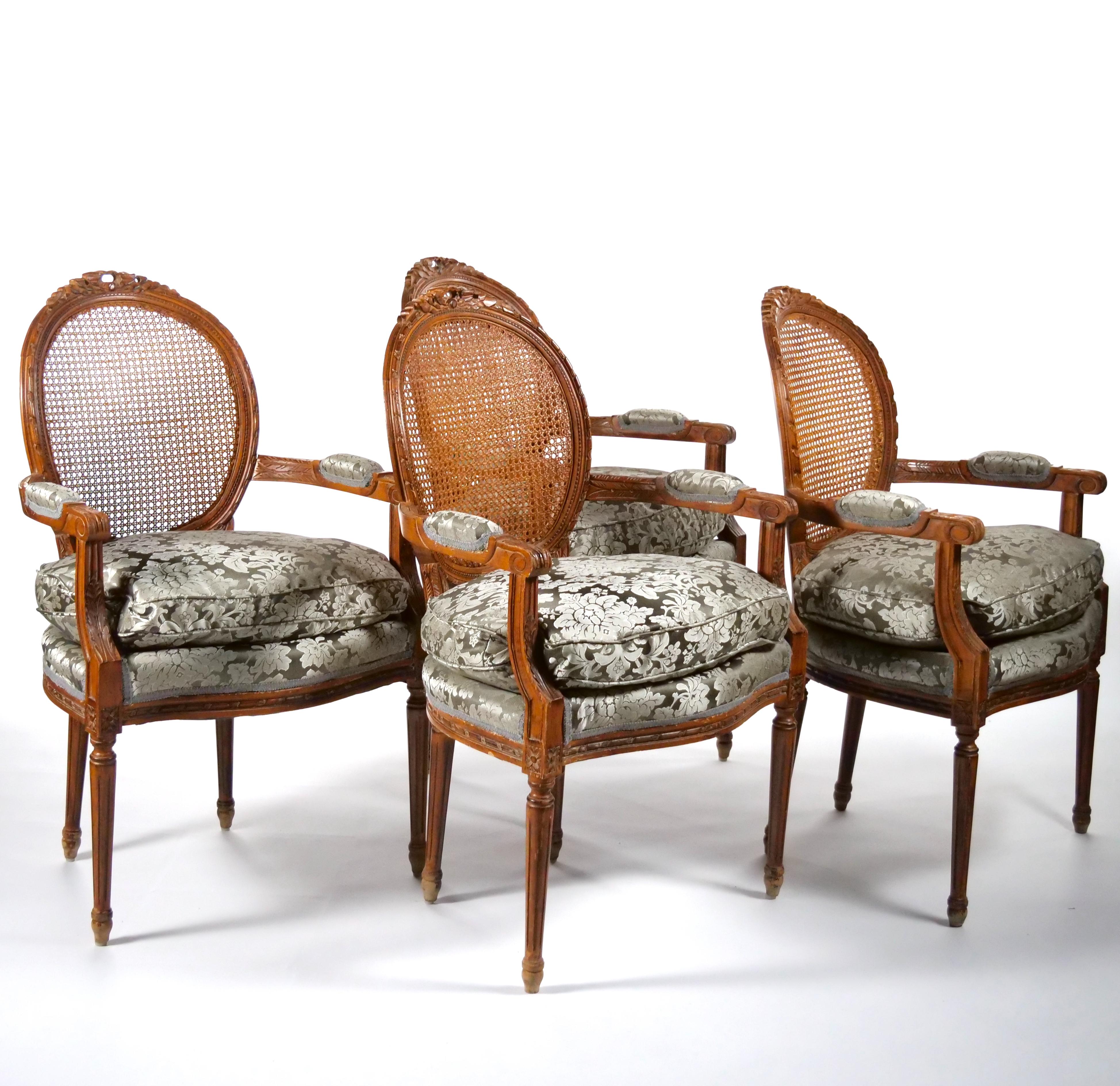 Louis XVI Style Walnut Caned Needlepoint Lounge Chairs In Good Condition For Sale In Tarry Town, NY