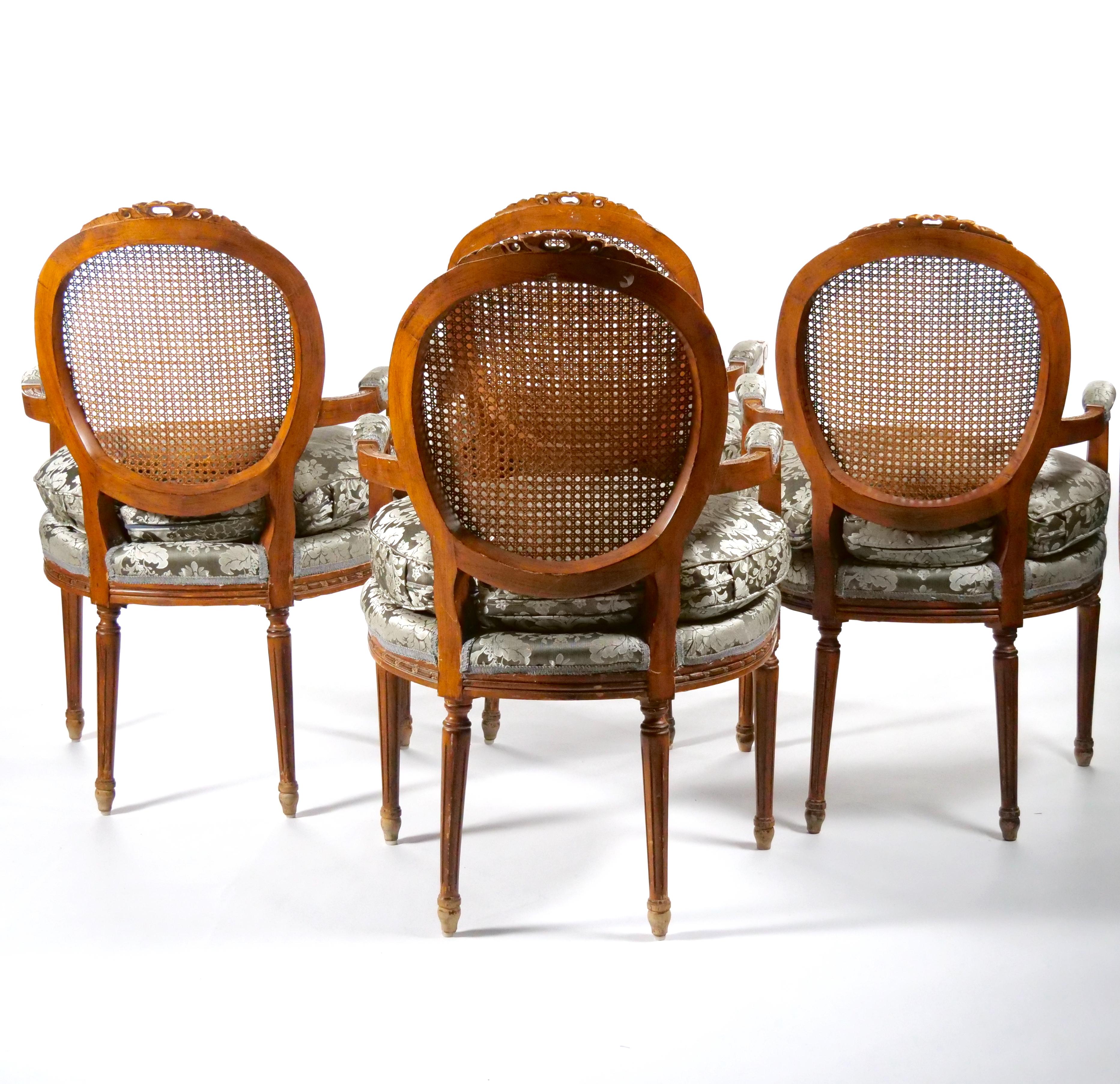 20th Century Louis XVI Style Walnut Caned Needlepoint Lounge Chairs For Sale