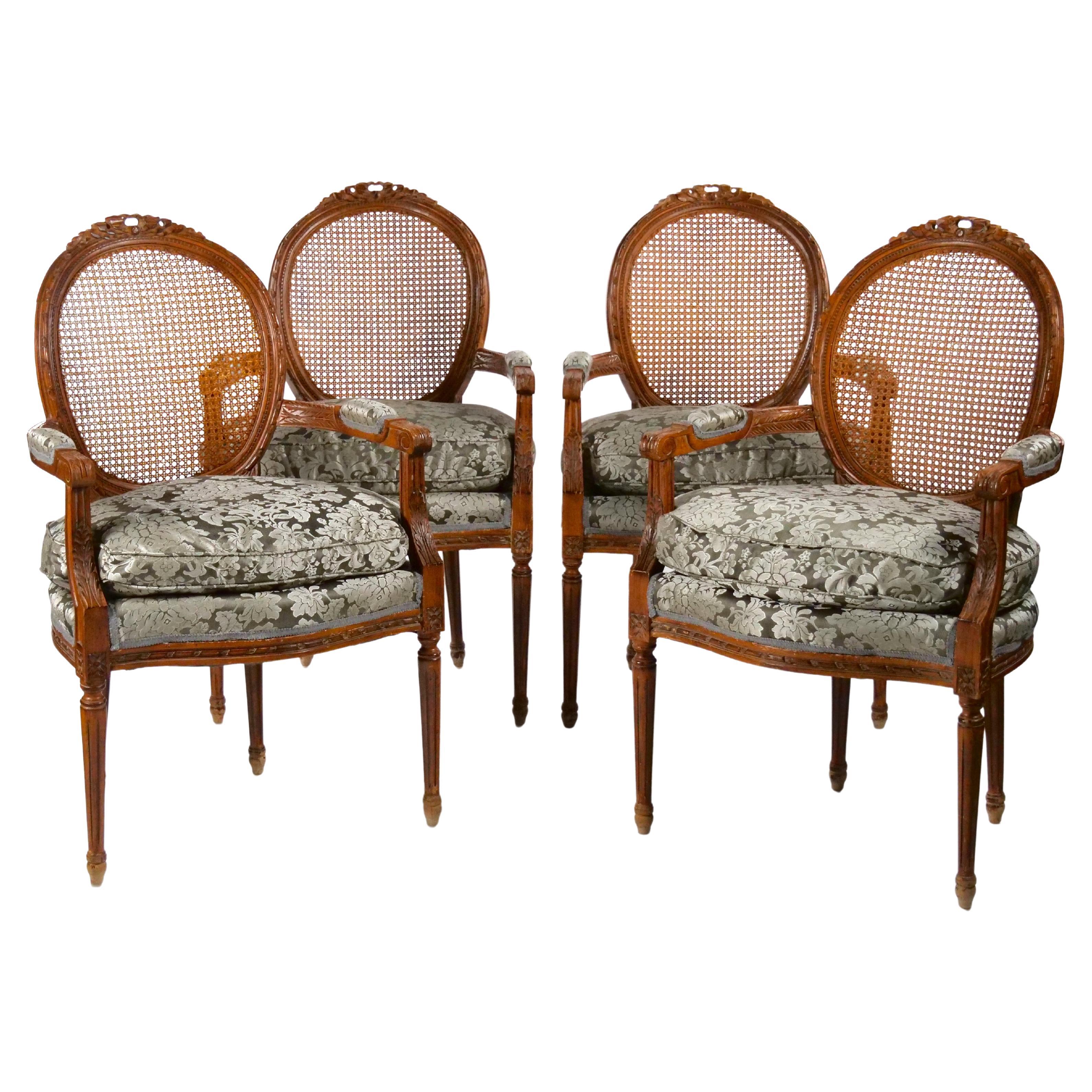 Louis XVI Style Walnut Caned Needlepoint Lounge Chairs For Sale