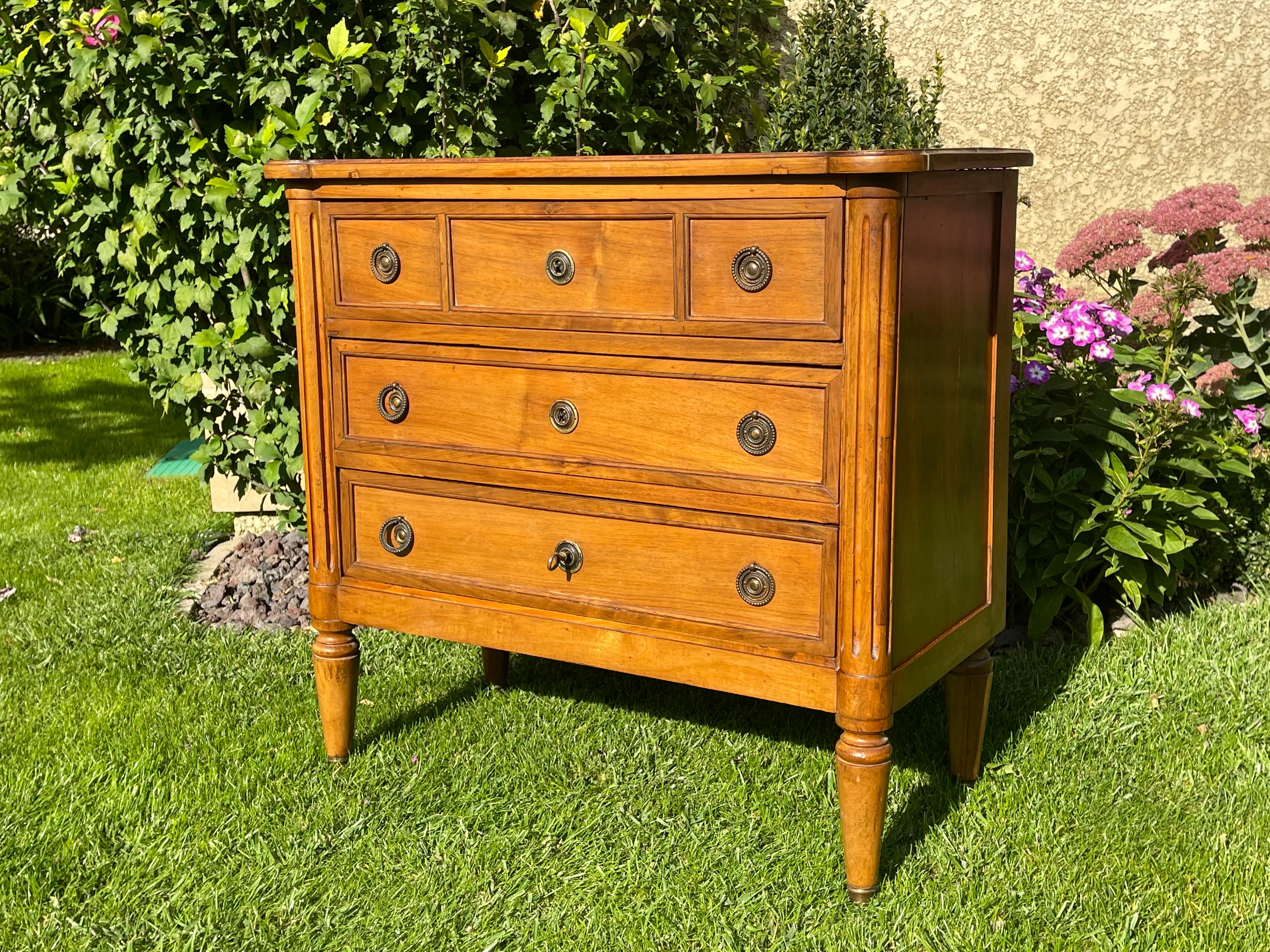 Cassettiera in noce in stile Luigi XVI con tre cassetti.

Dimensioni
Altezza 72,5 cm
Larghezza 74,5 cm
Profondità 37,5 cm
