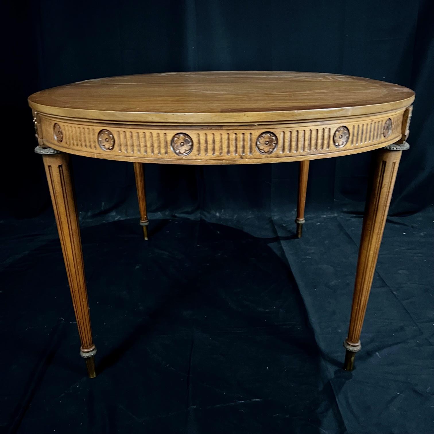 Louis XVI Style Walnut Dining Table with Two Leaves and Bronze Carved Medallions 2