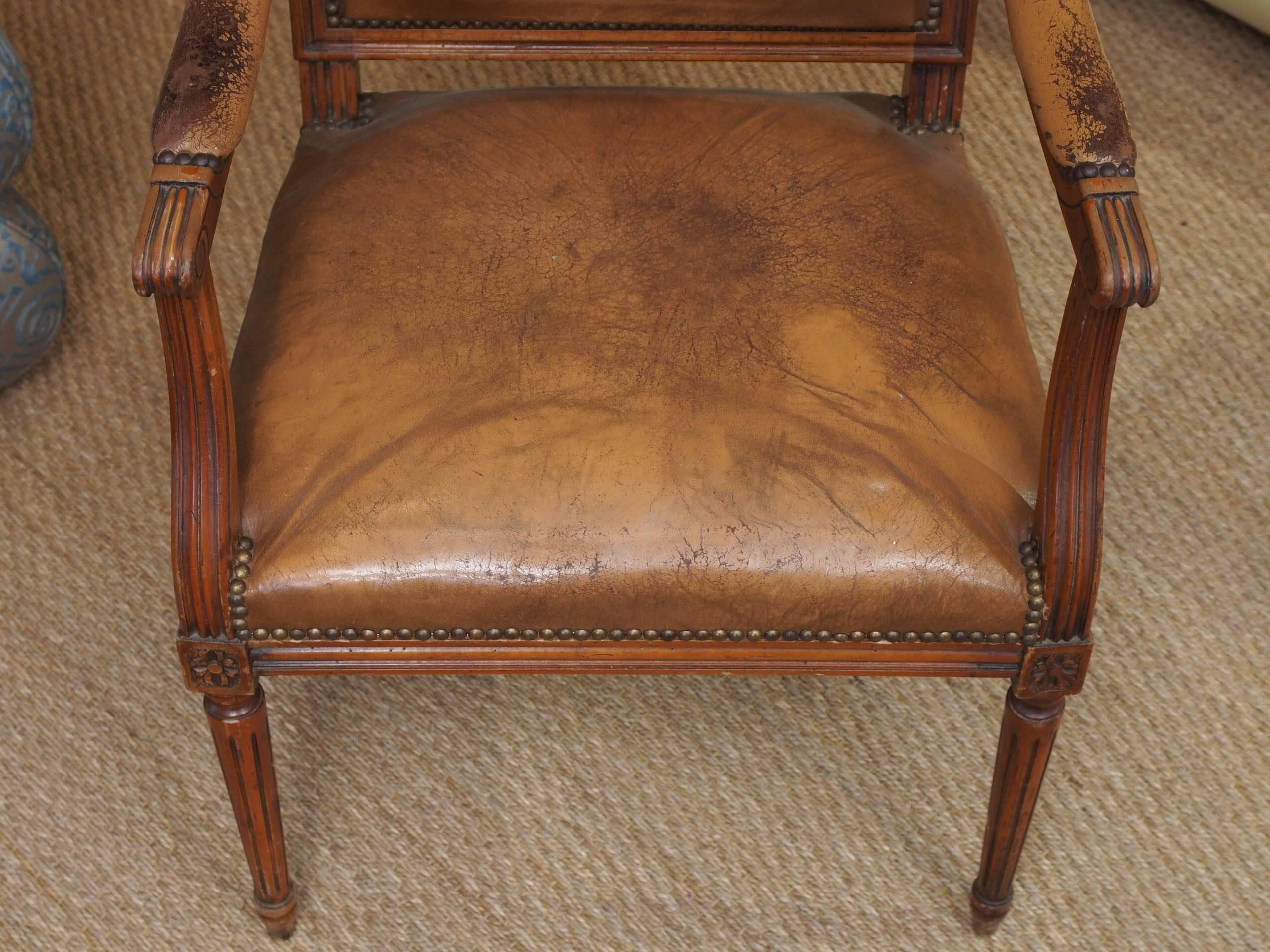 Louis XVI Style Walnut Fauteuil Chair with Original Leather and Nailhead Trim 2