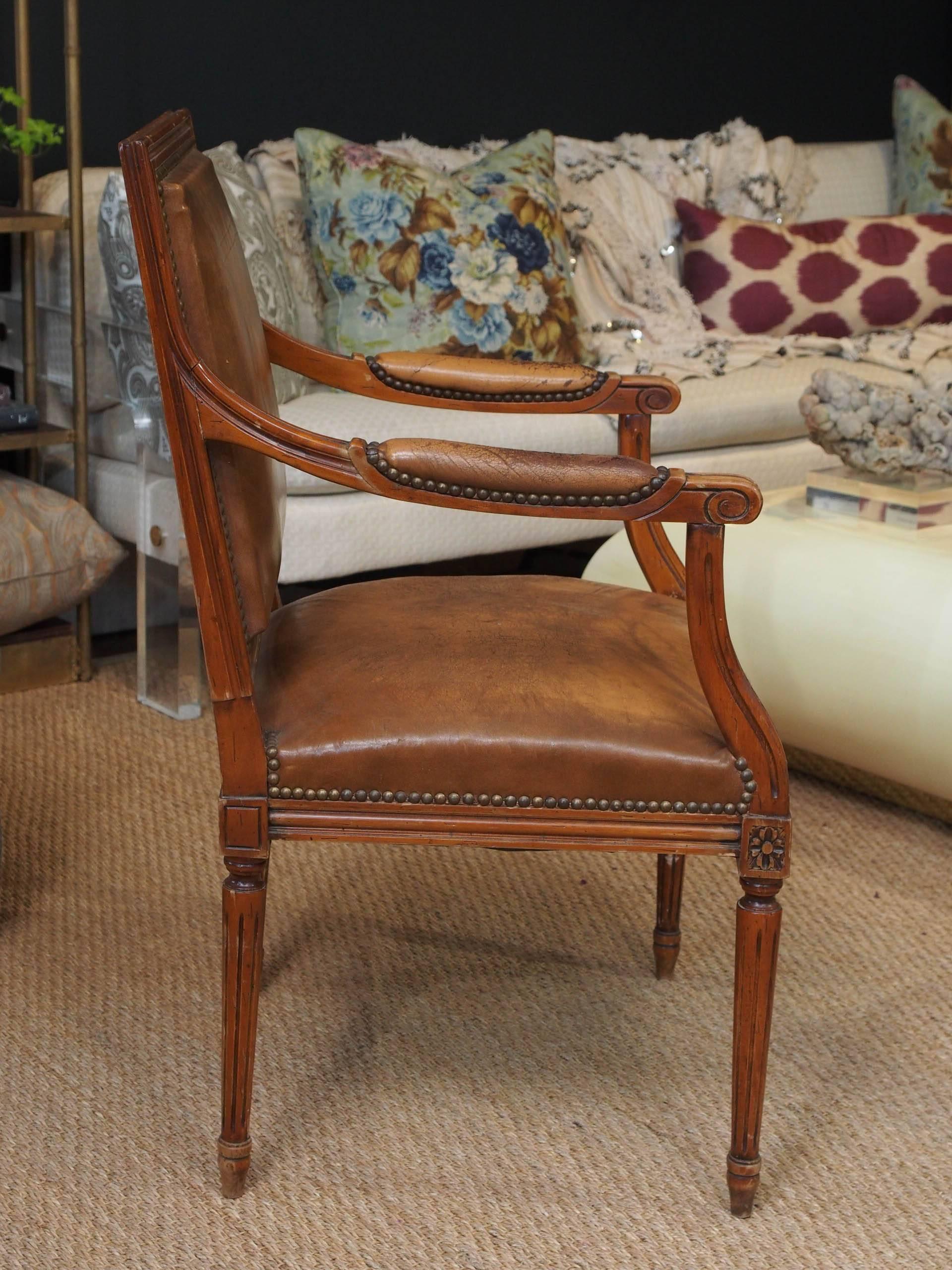 Louis XVI Style Walnut Fauteuil Chair with Original Leather and Nailhead Trim 3