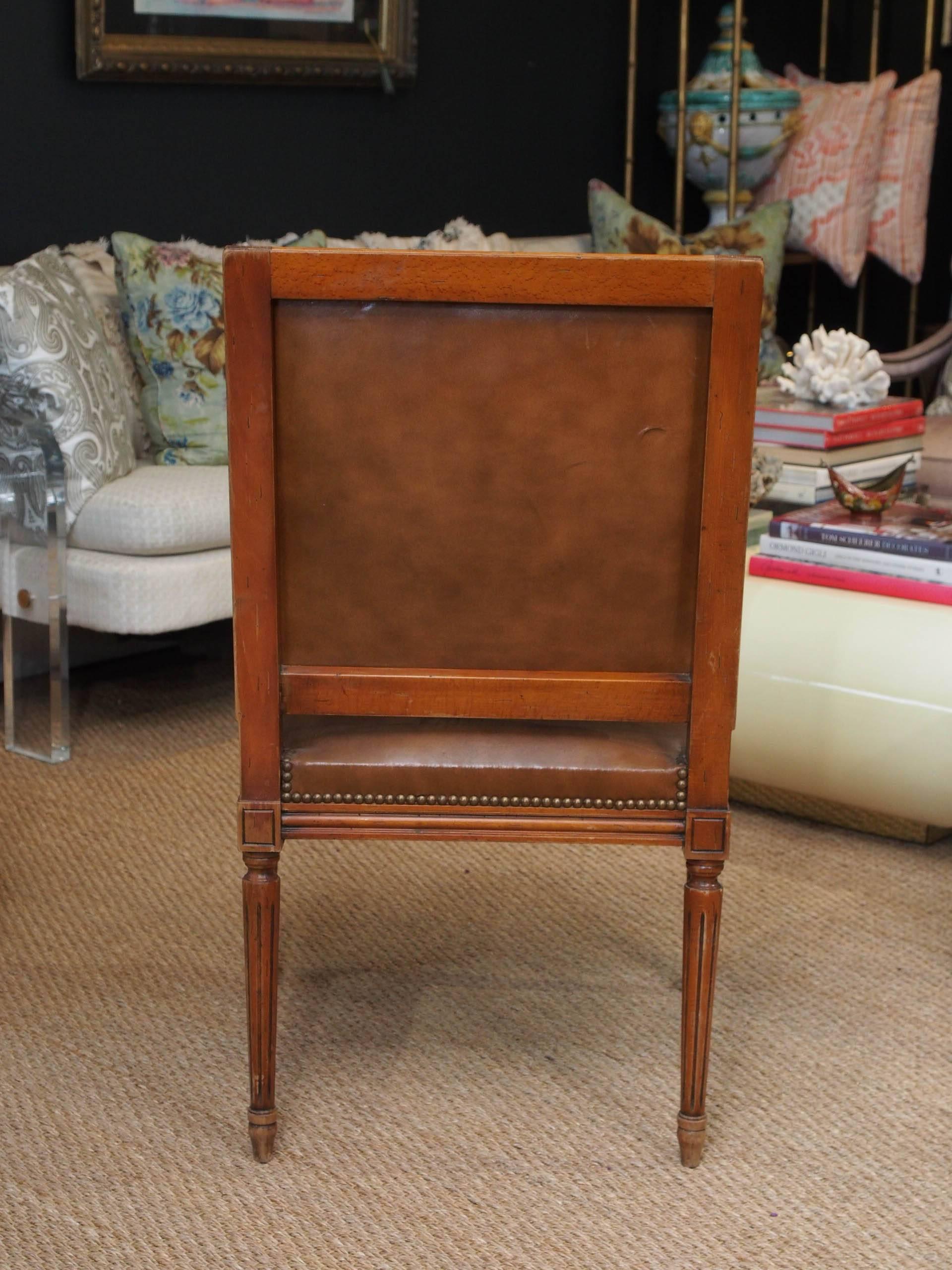 Louis XVI Style Walnut Fauteuil Chair with Original Leather and Nailhead Trim 4
